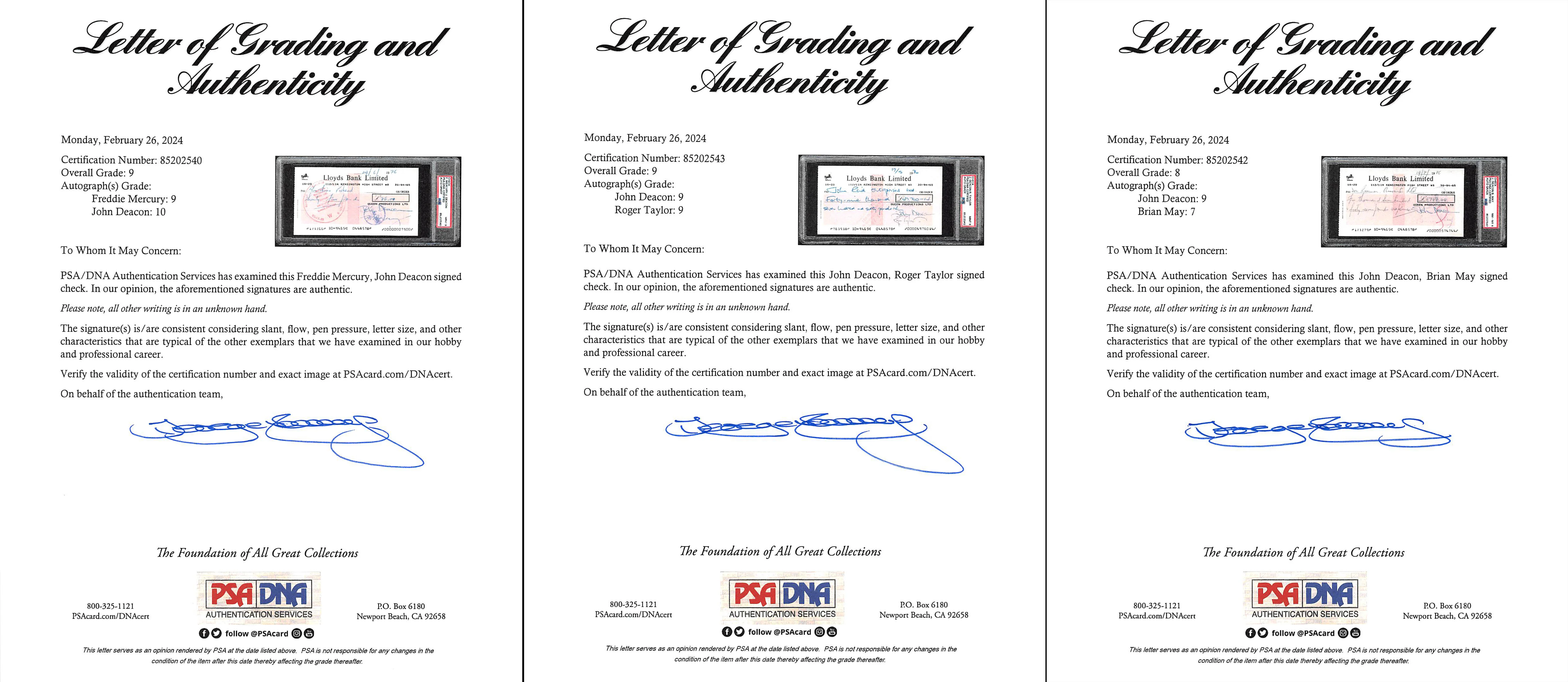 Queen (4) Mercury, May, Deacon, Taylor Signed 1976 Bank Set Of 3 Checks PSA Slab - Image 7