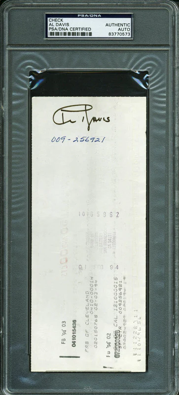 Raiders Al Davis Signed 3.5x8.35 Pro Football Hall Of Fame Check PSA/DNA Slabbed