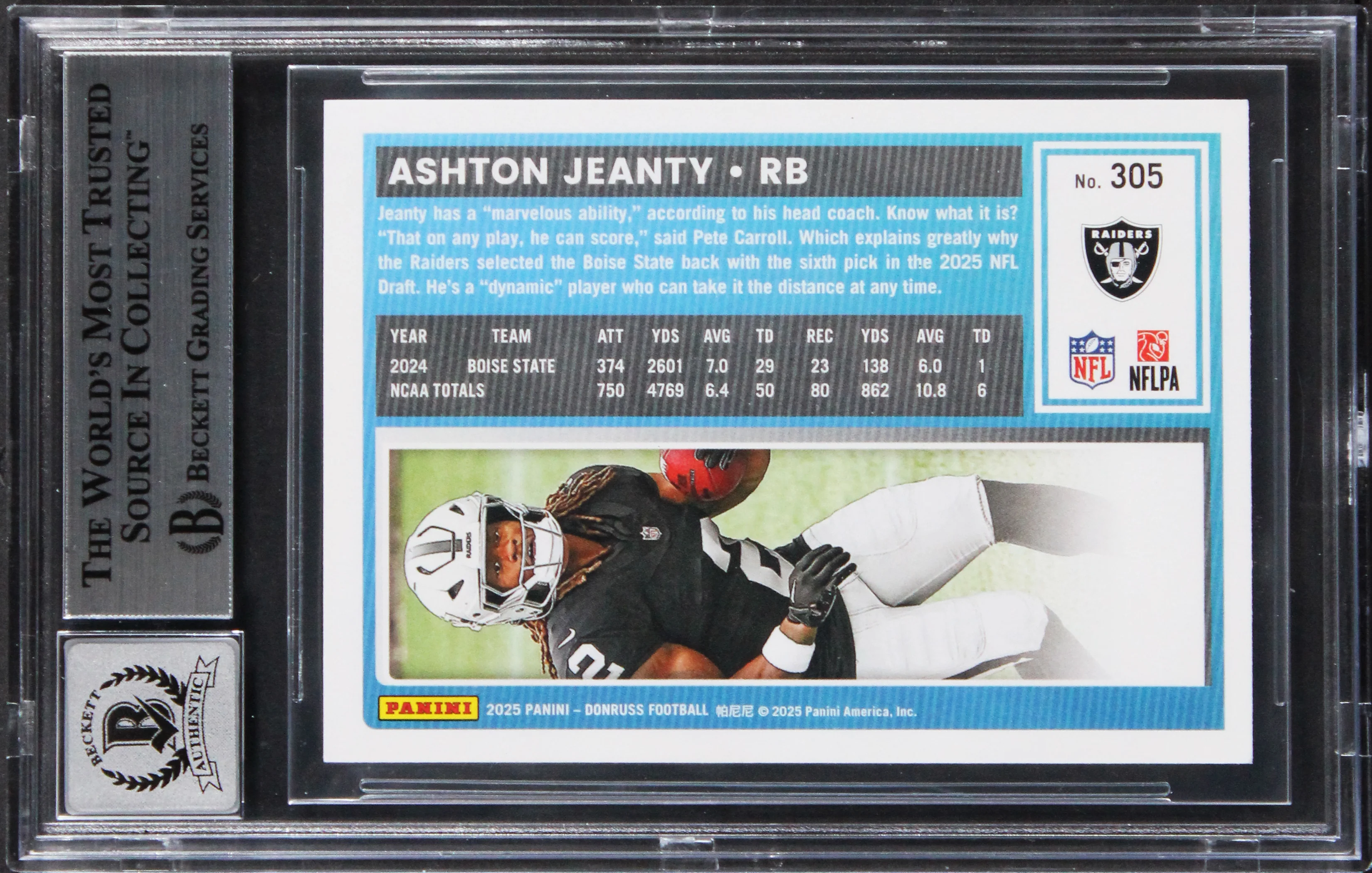 Raiders Ashton Jeanty Signed 2025 Donruss RR #305 Rookie Card Auto 10! BAS Slab - Image 3