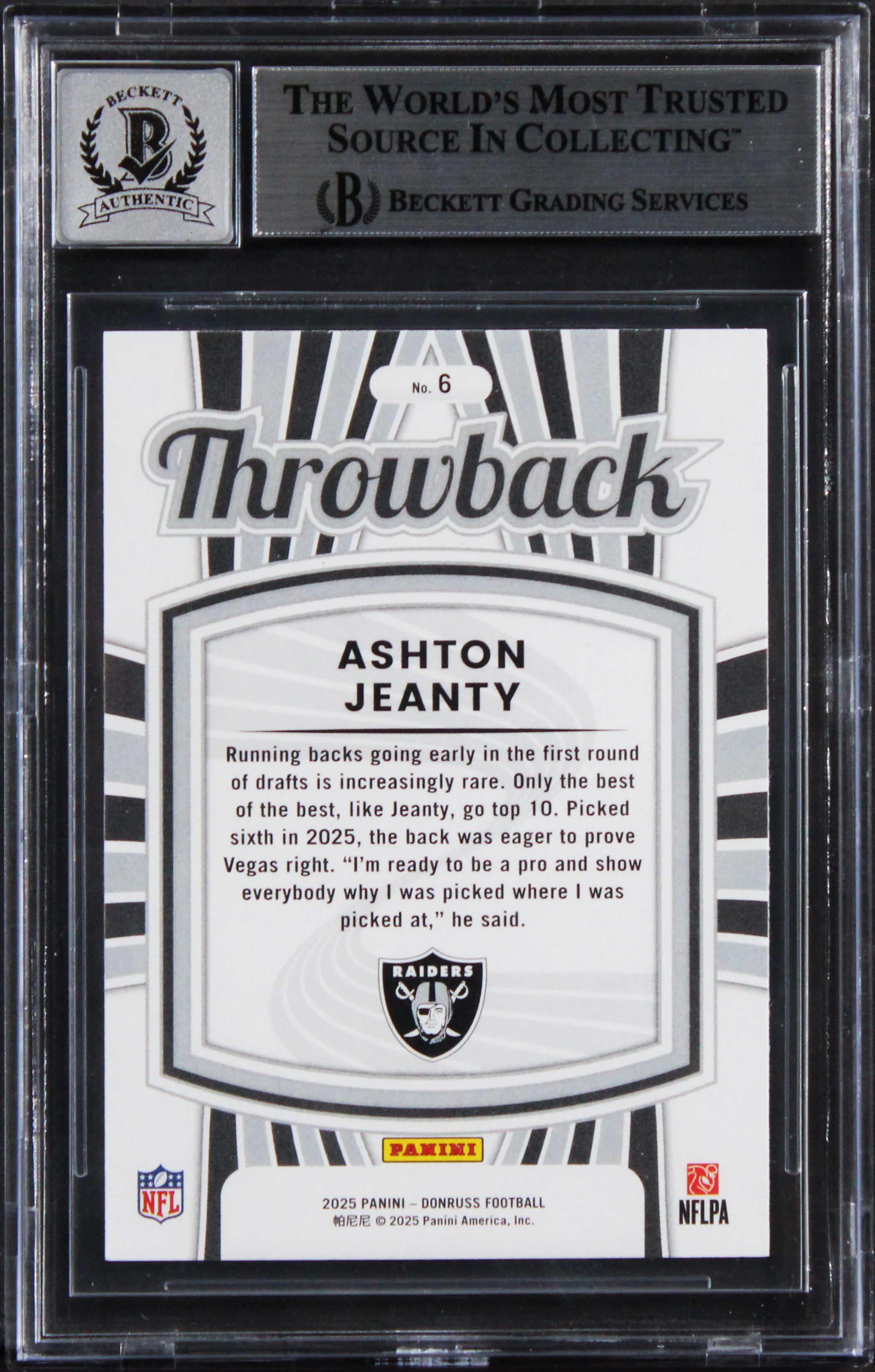 Raiders Ashton Jeanty Signed 2025 Donruss RR Throwback #6 Card Auto 10! BAS Slab - Image 3