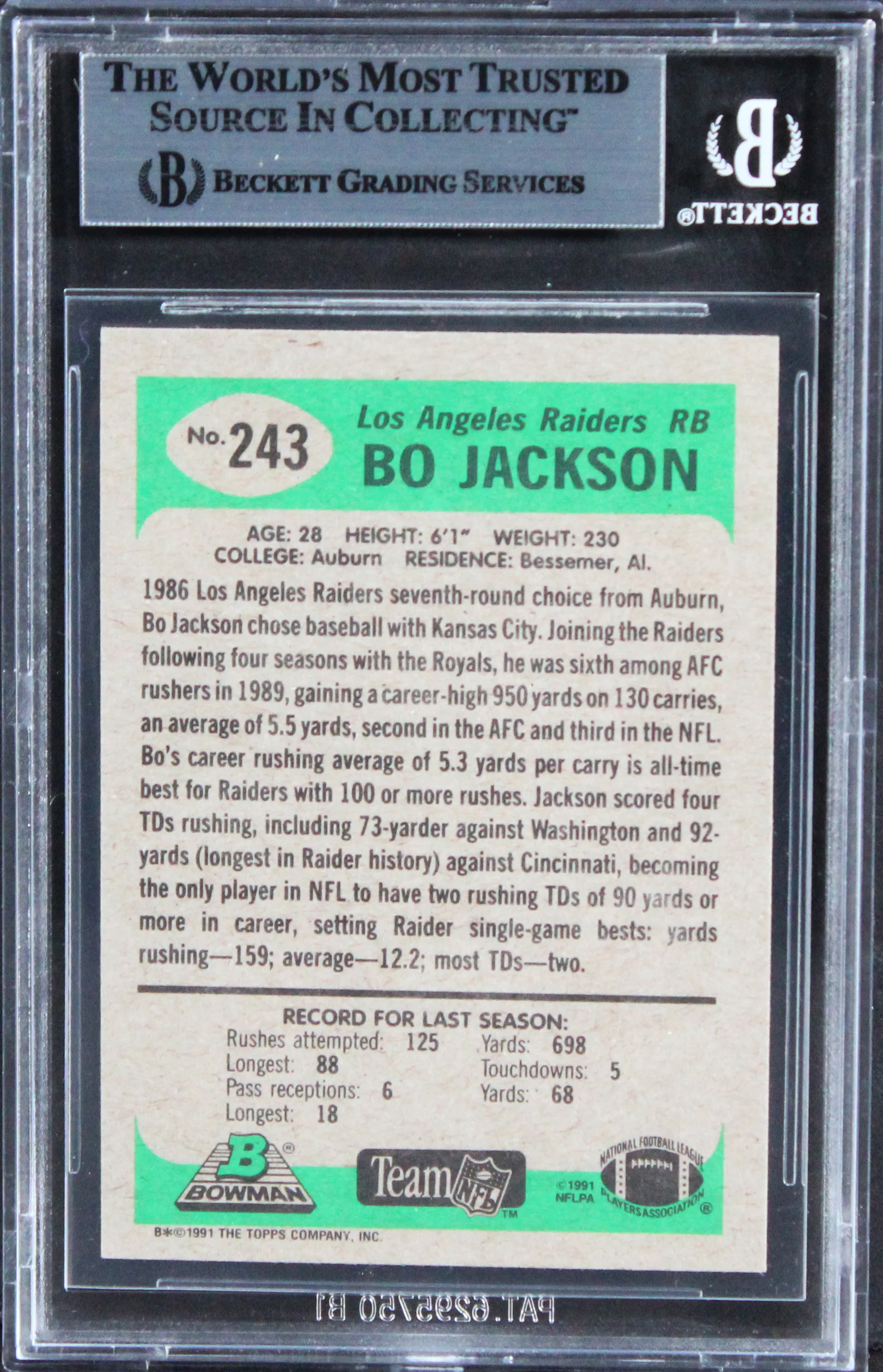 Raiders Bo Jackson Authentic Signed 1991 Bowman #243 Card BAS Slabbed - Image 3