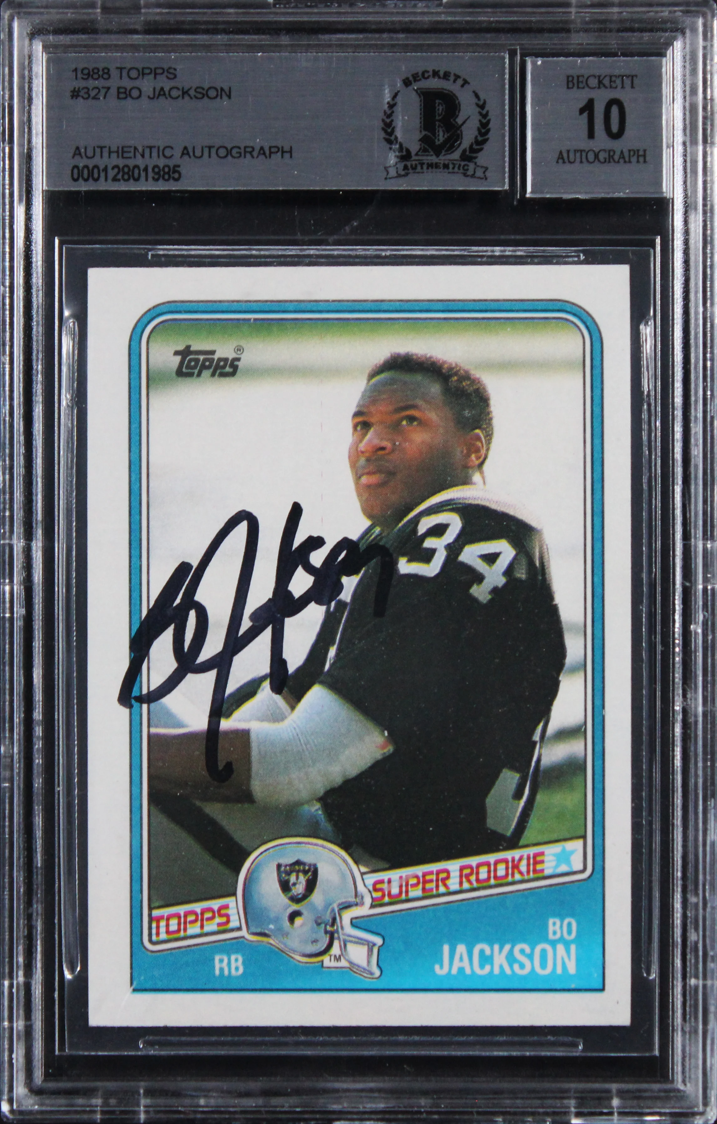 Raiders Bo Jackson Signed 1988 Topps #327 Card Auto Grade GM 10! BAS Slabbed - Image 2