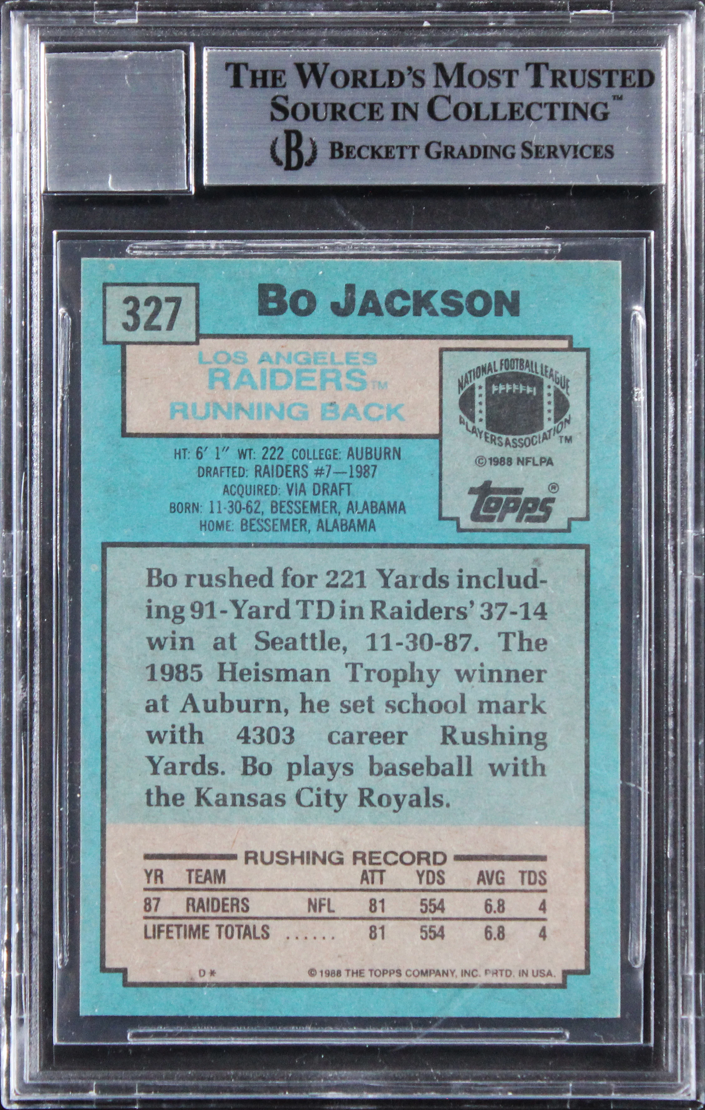 Raiders Bo Jackson Signed 1988 Topps #327 Card Auto Grade GM 10! BAS Slabbed - Image 3