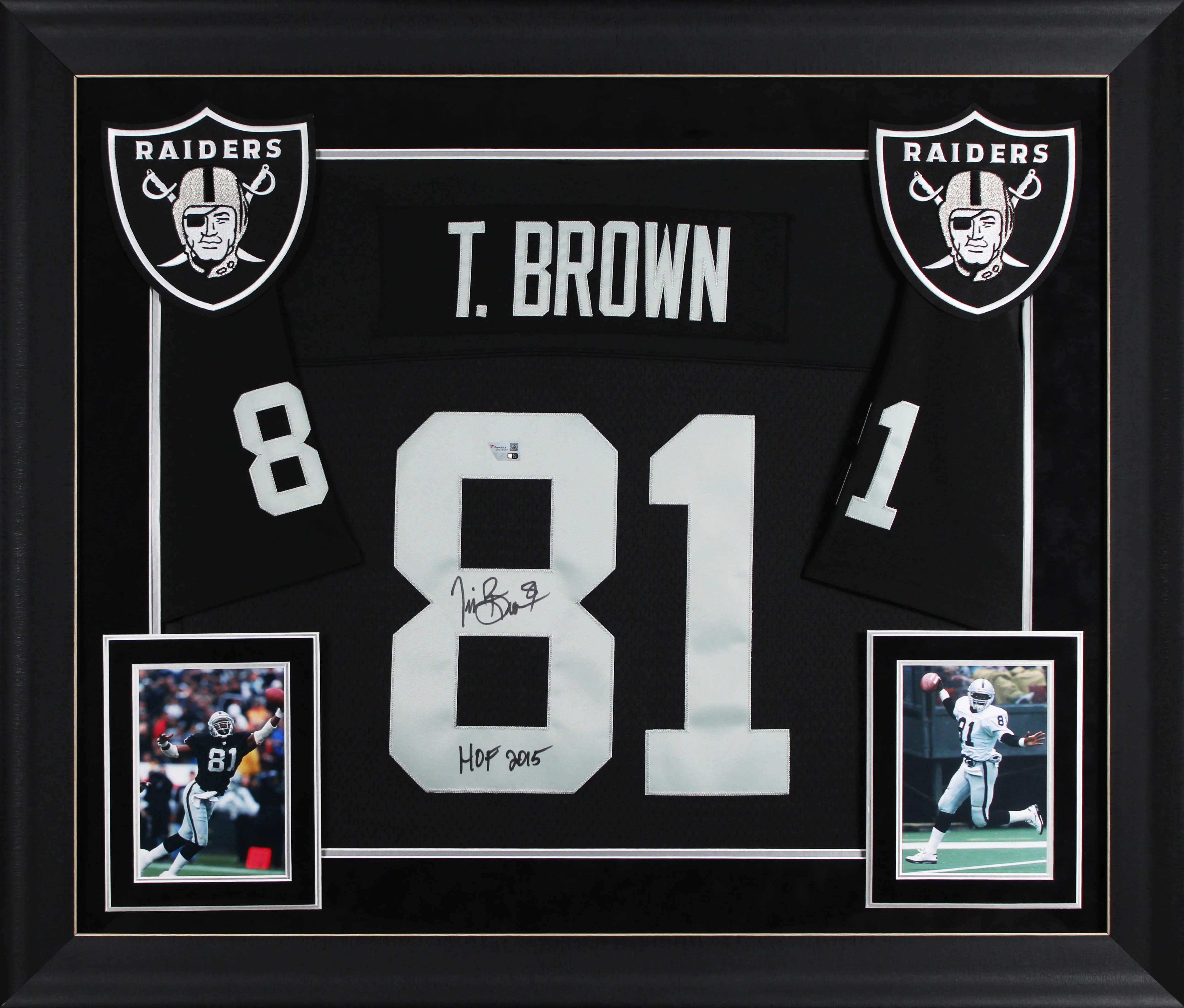Raiders Tim Brown "HOF 2015" Signed Black M&N TB Framed Jersey Fanatics - Image 2
