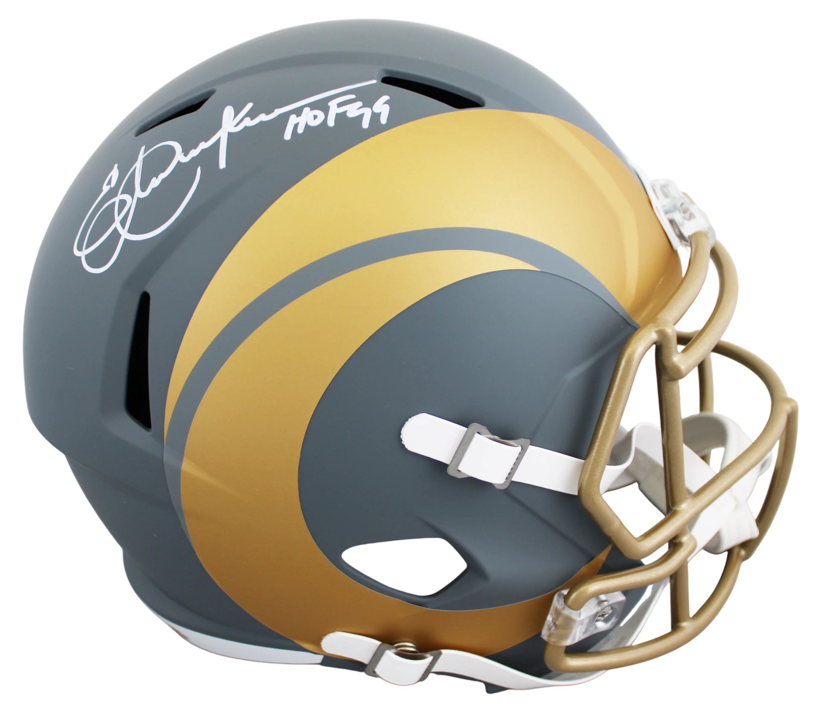 Rams Eric Dickerson "HOF 99" Signed Slate Full Size Speed Rep Helmet BAS Wit 2 - Image 2
