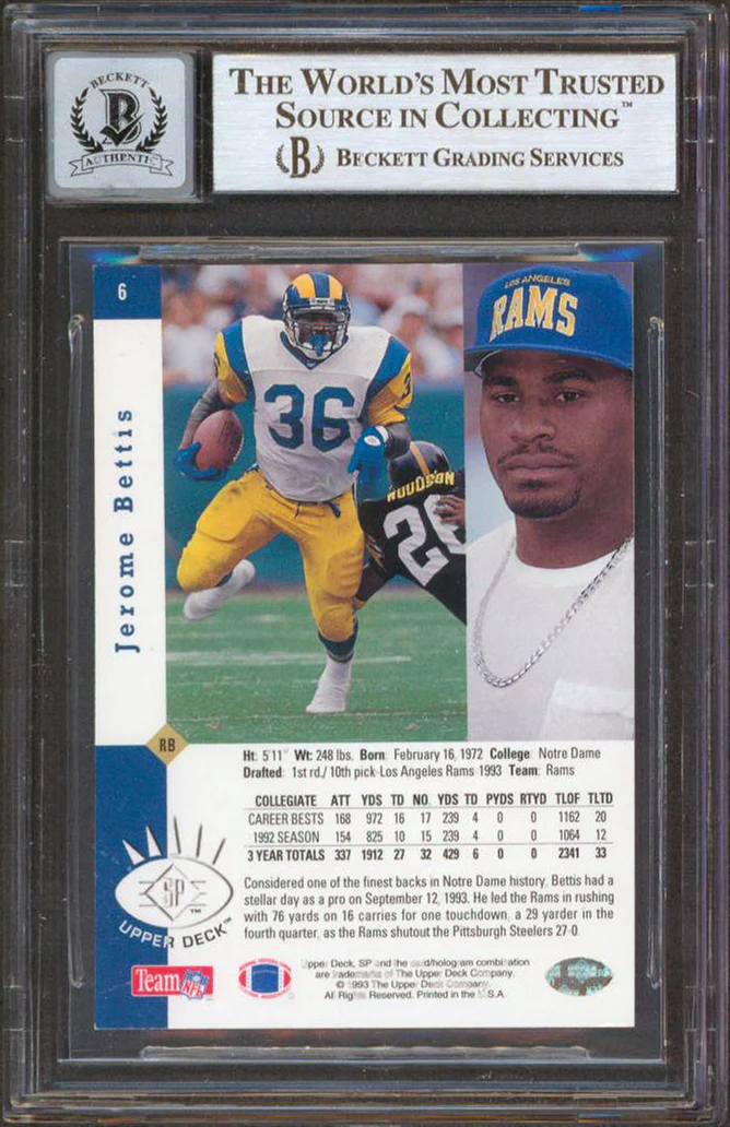 Rams Jerome Bettis Authentic Signed 1993 SP #6 Rookie Card Auto 10! BAS Slabbed - Image 3