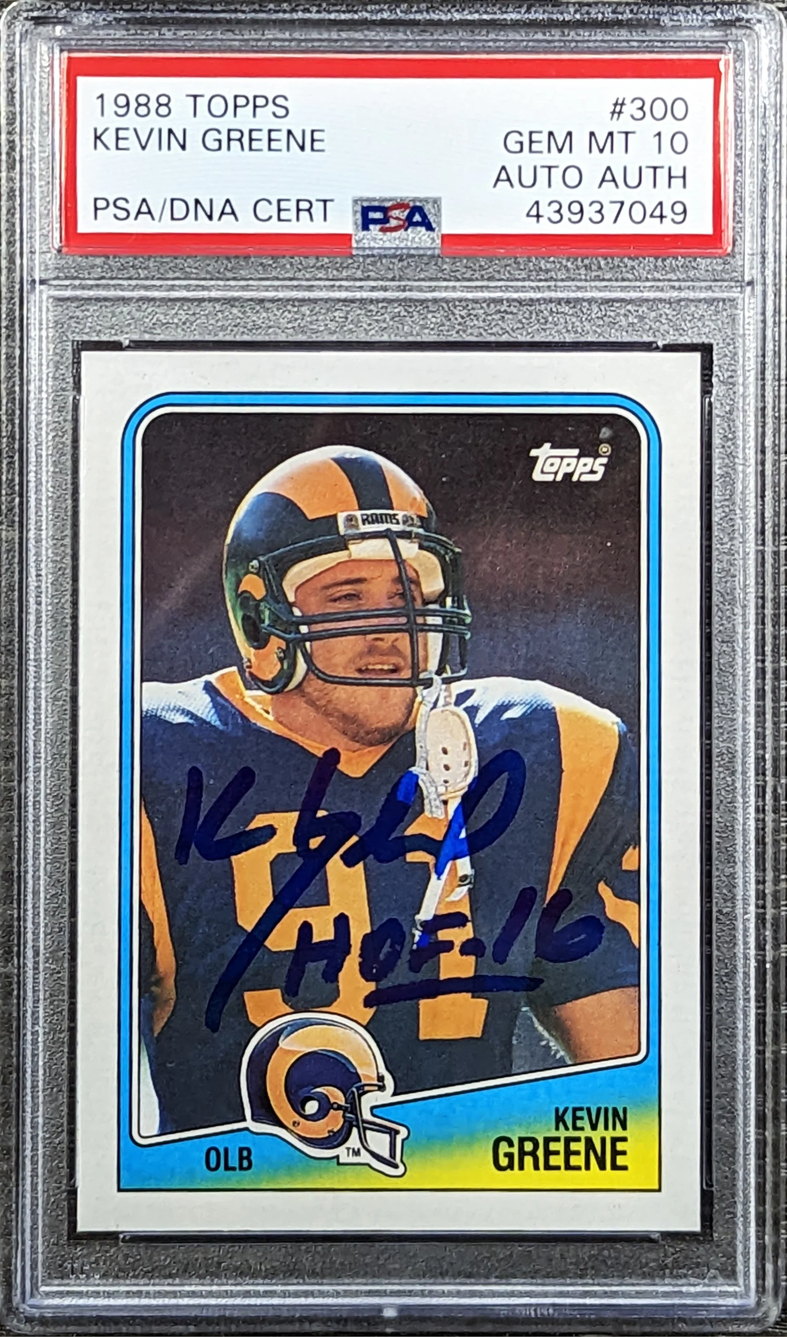 Rams Kevin Greene Signed 1988 Topps #300 Rookie Card Auto 10! PSA/DNA Slabbed - Image 2