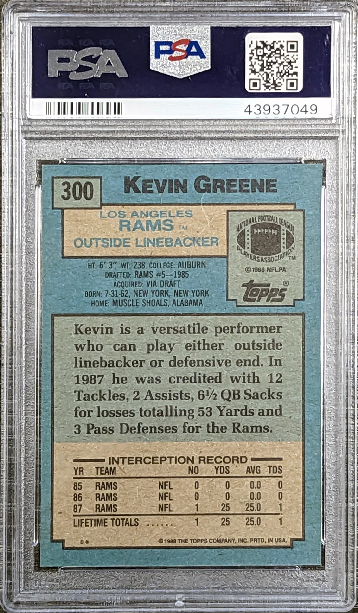 Rams Kevin Greene Signed 1988 Topps #300 Rookie Card Auto 10! PSA/DNA Slabbed - Image 3