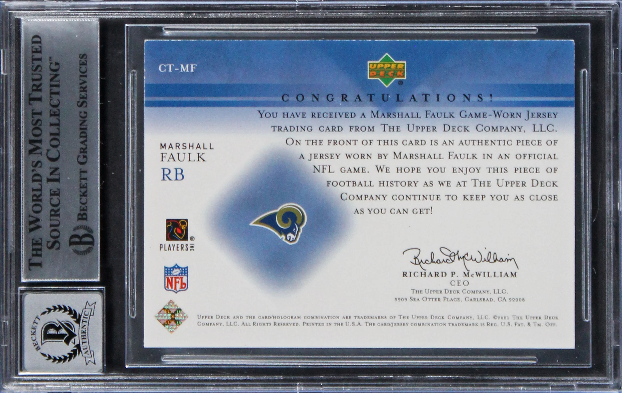 Rams Marshall Faulk Signed 2001 Upper Deck CT #CTMF Card Auto 10! BAS Slabbed - Image 3