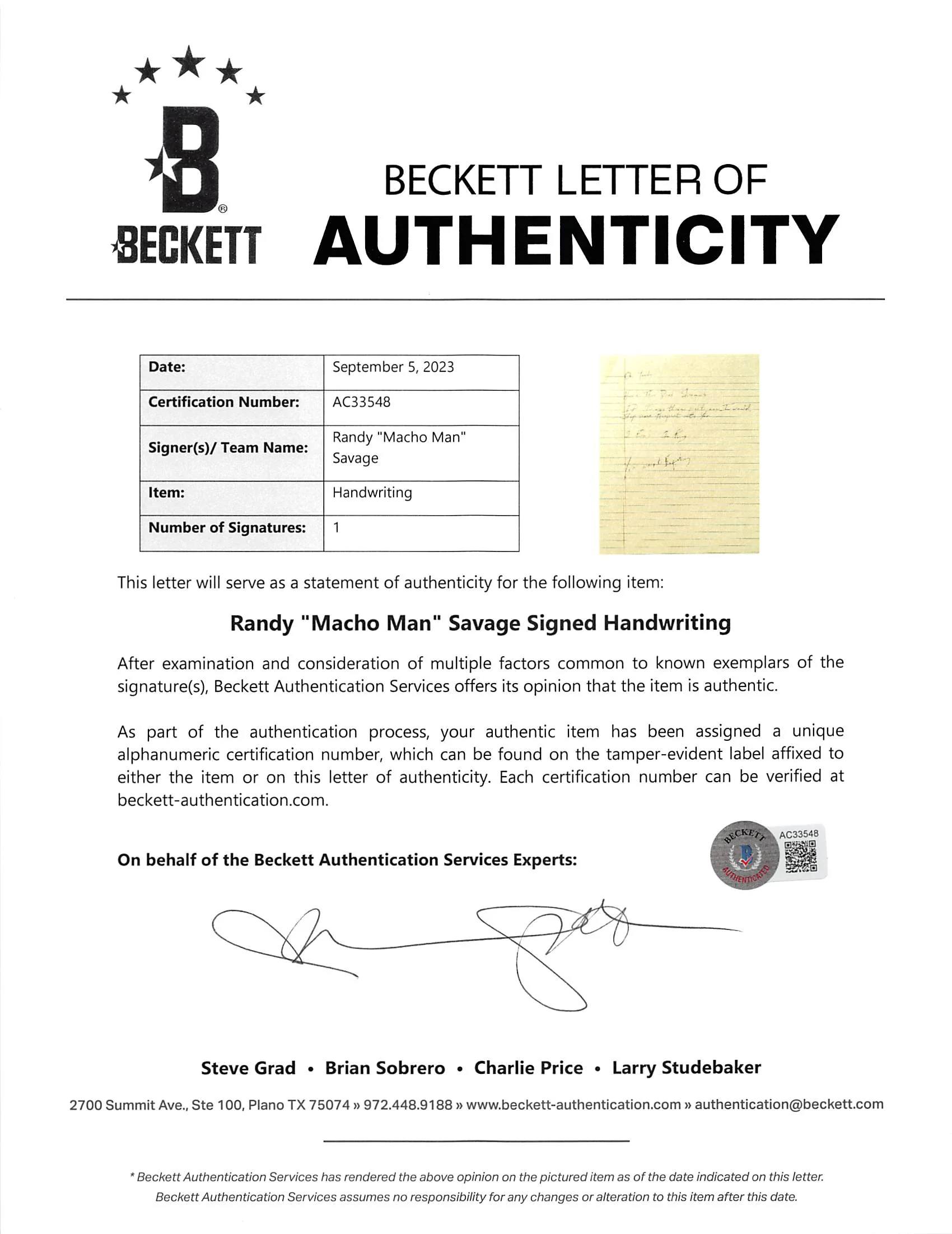 Randy "Macho Man" Savage 8.5x11 Catch Phrase Handwriting Sample BAS #AC33548 - Image 3