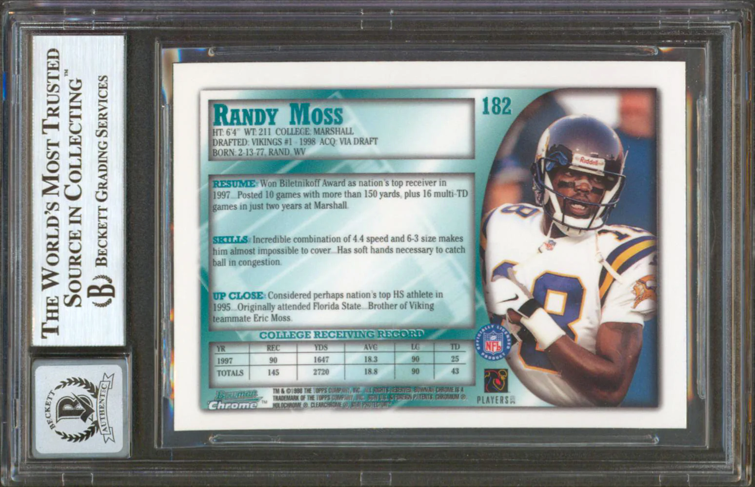 Randy Moss "HOF 18" Signed 1998 Bowman Chrome #182 RC Card Auto 10! BAS Slabbed - Image 3