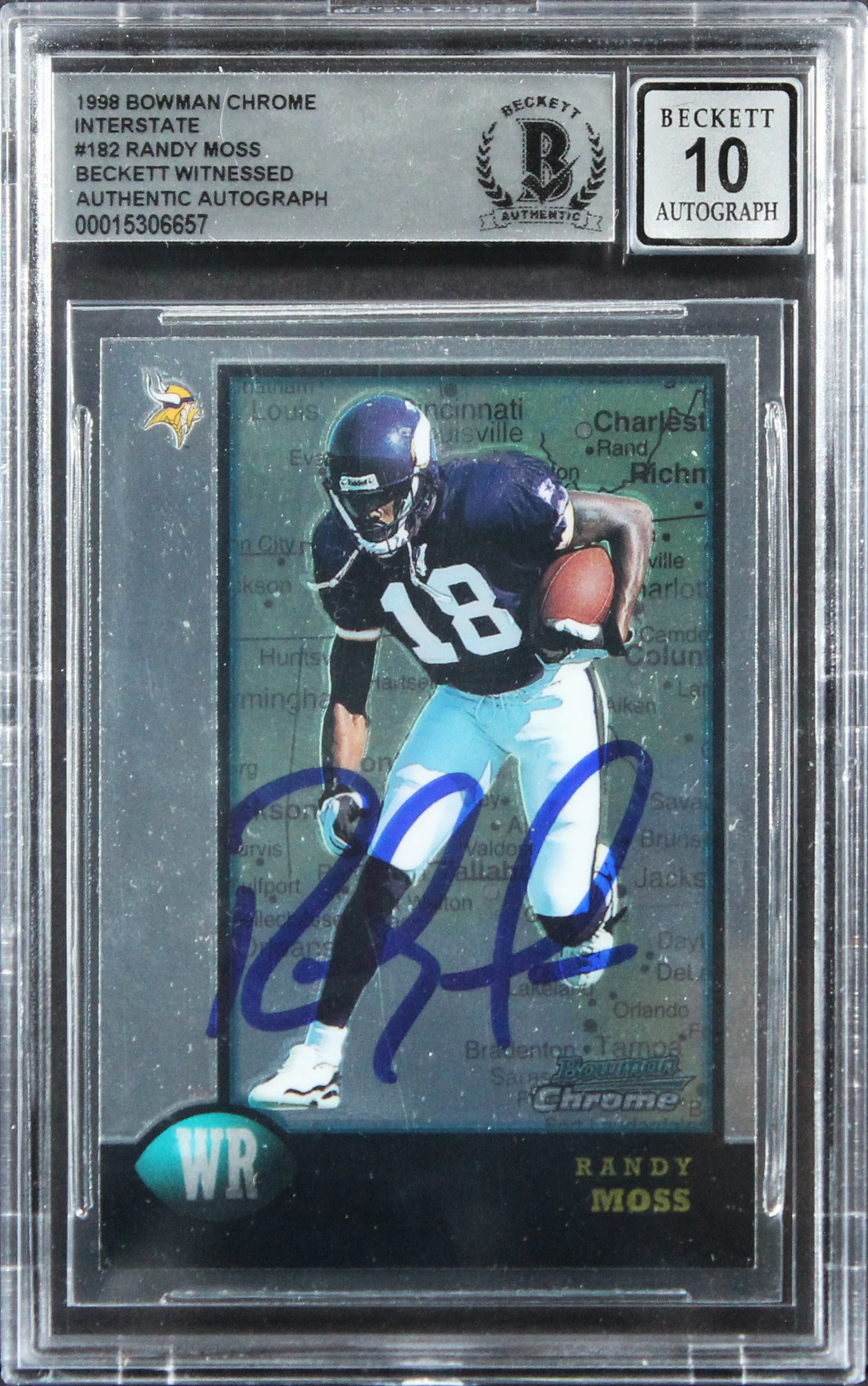 Randy Moss Signed 1998 Bowman Chrome Interstate #182 RC Card Auto 10 BAS Slabbed - Image 2