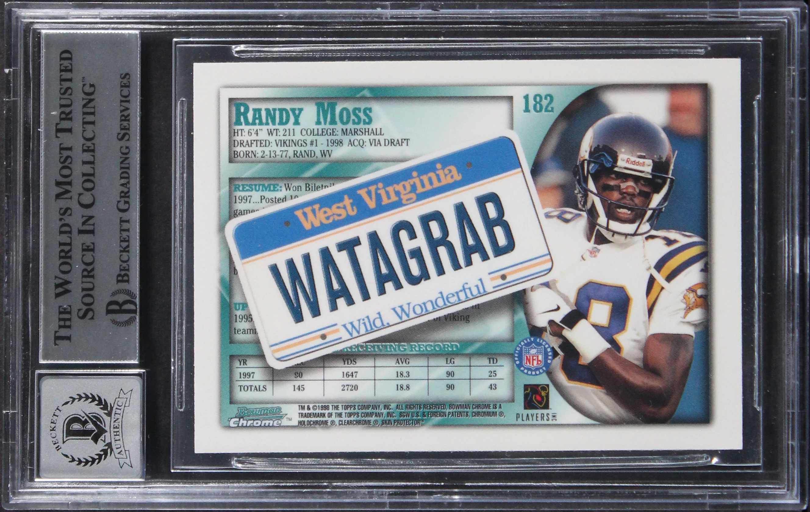 Randy Moss Signed 1998 Bowman Chrome Interstate #182 RC Card Auto 10 BAS Slabbed - Image 3