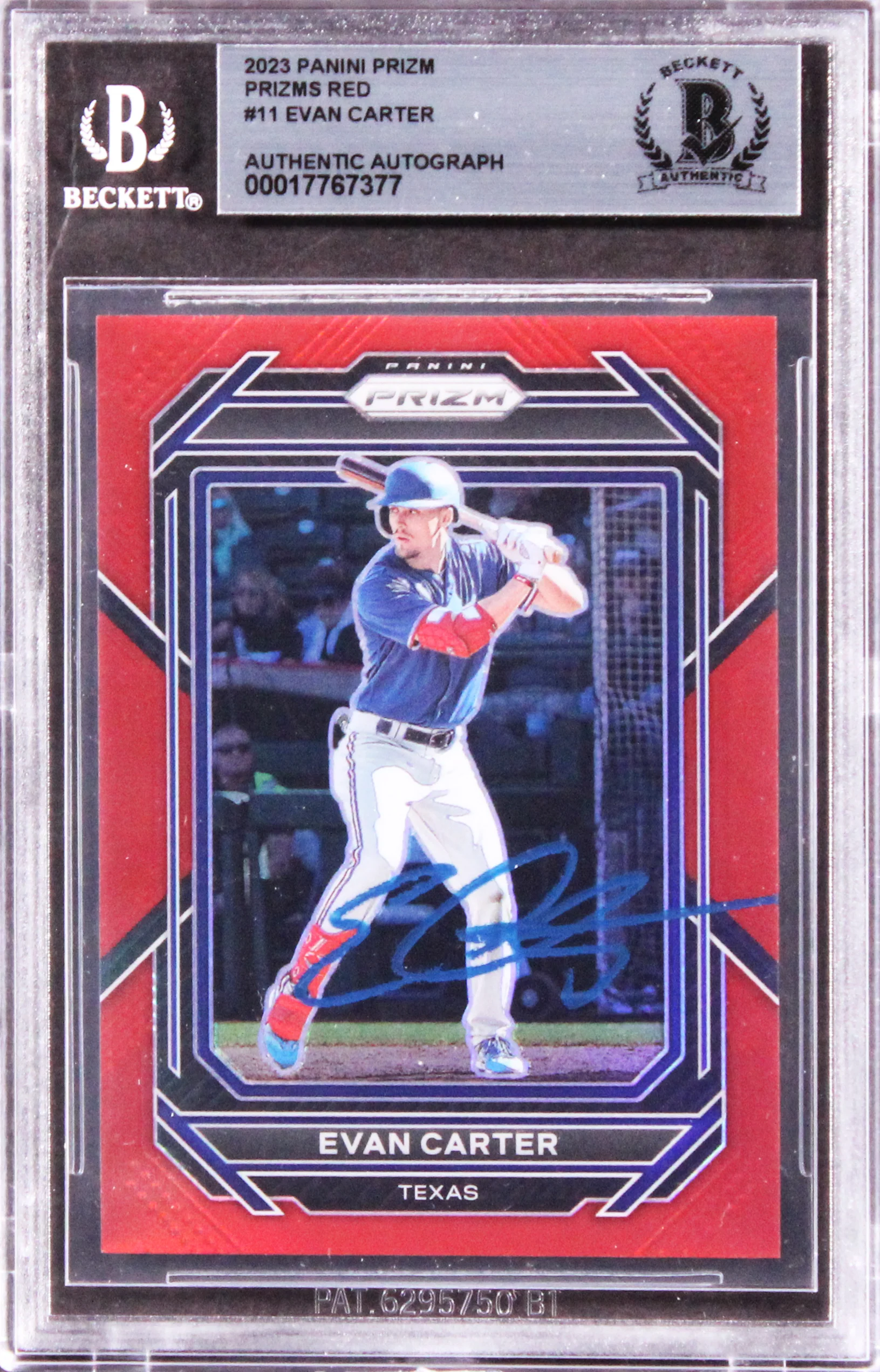 Rangers Evan Carter Signed 2023 Panini Prizm Prizms Red #11 Rookie Card BAS Slab - Image 2