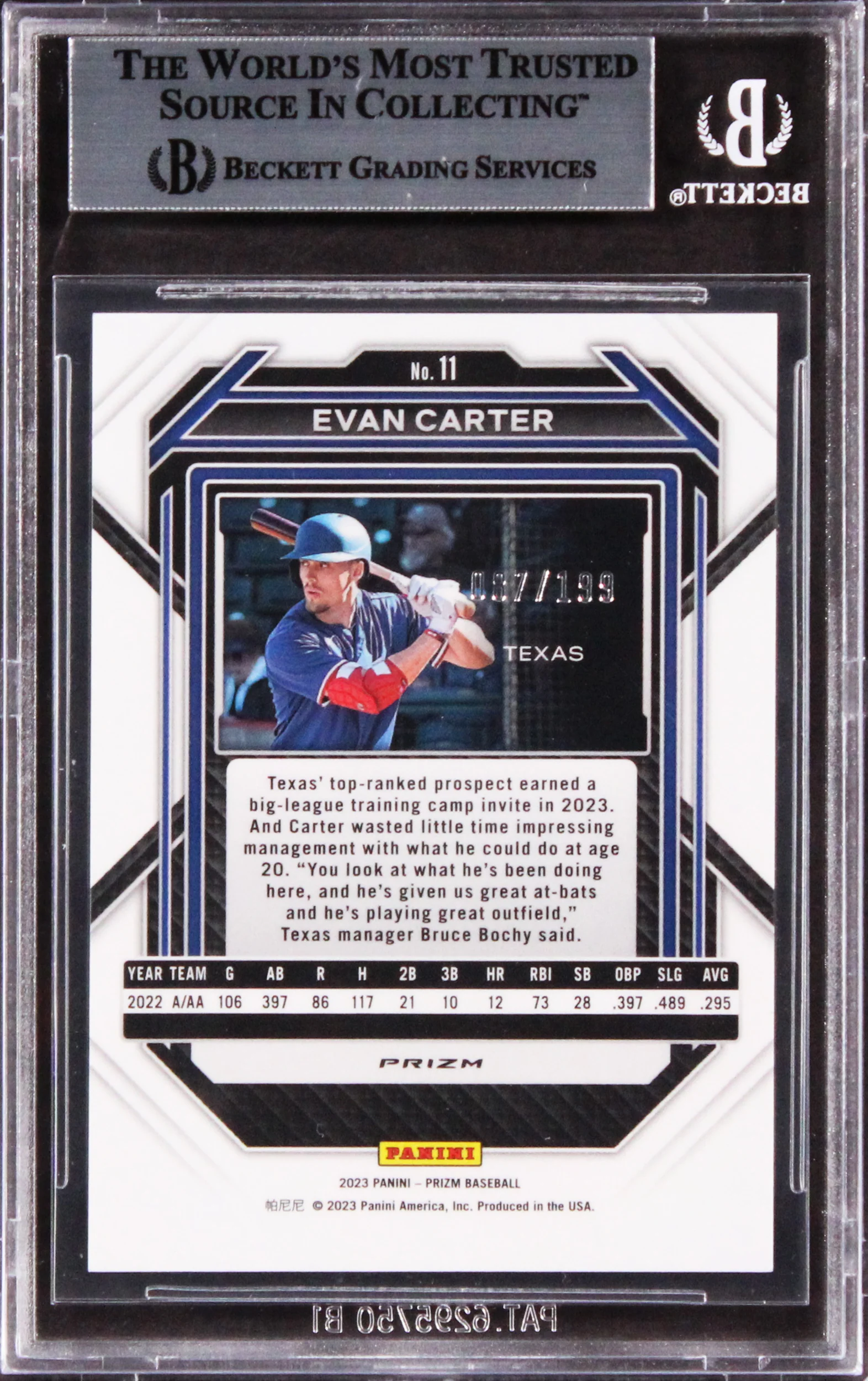 Rangers Evan Carter Signed 2023 Panini Prizm Prizms Red #11 Rookie Card BAS Slab - Image 3