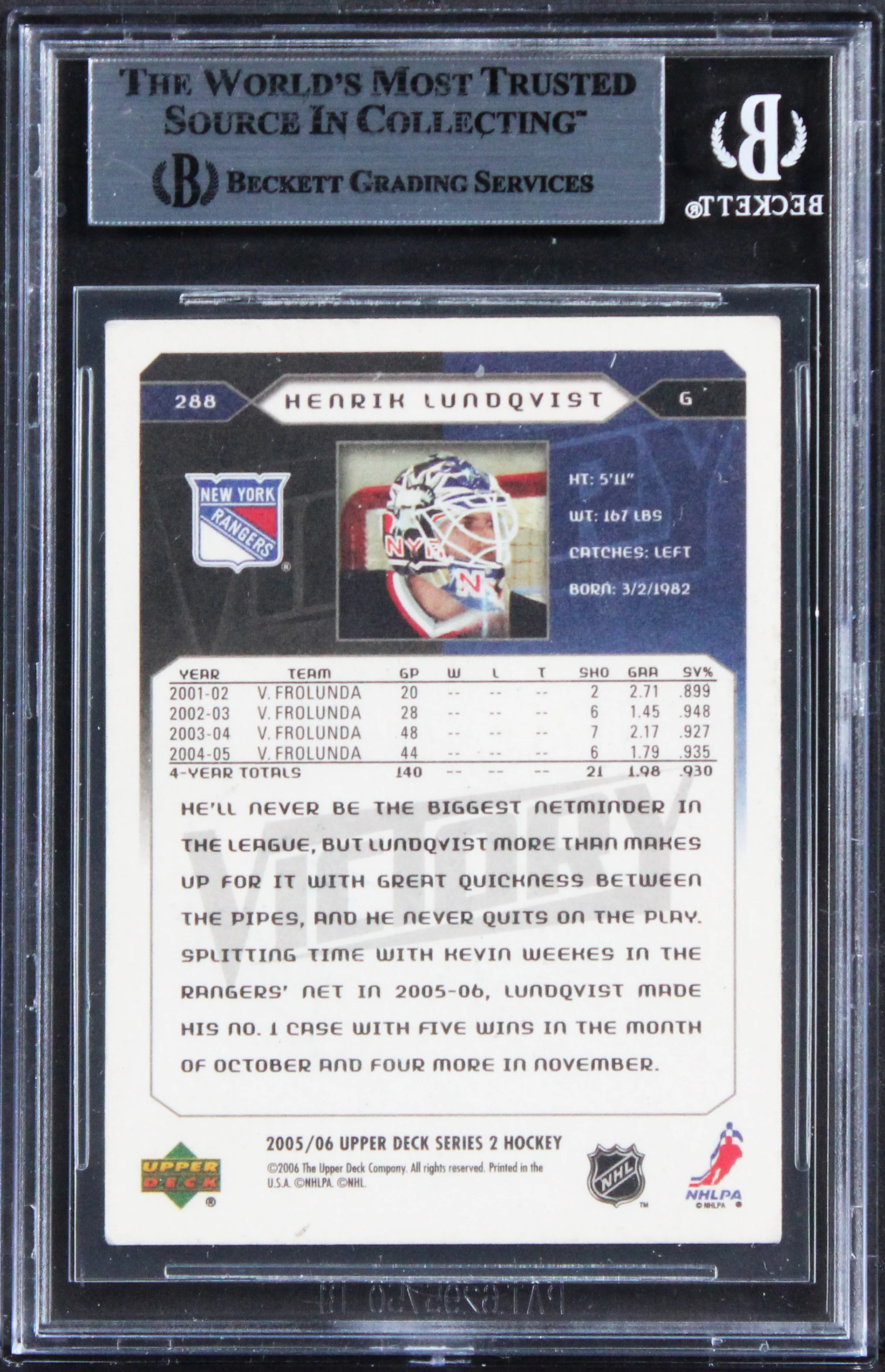 Rangers Henrik Lundqvist Signed 2005 Upper Deck V #288 Rookie Card BAS Slabbed - Image 3
