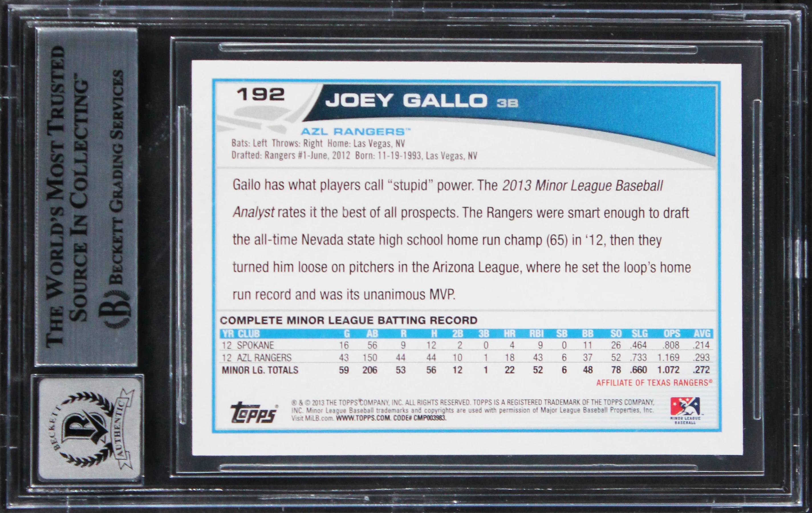 Rangers Joey Gallo Signed 2013 Topps Pro Debut #192 RC Card Auto 10! BAS Slabbed - Image 3