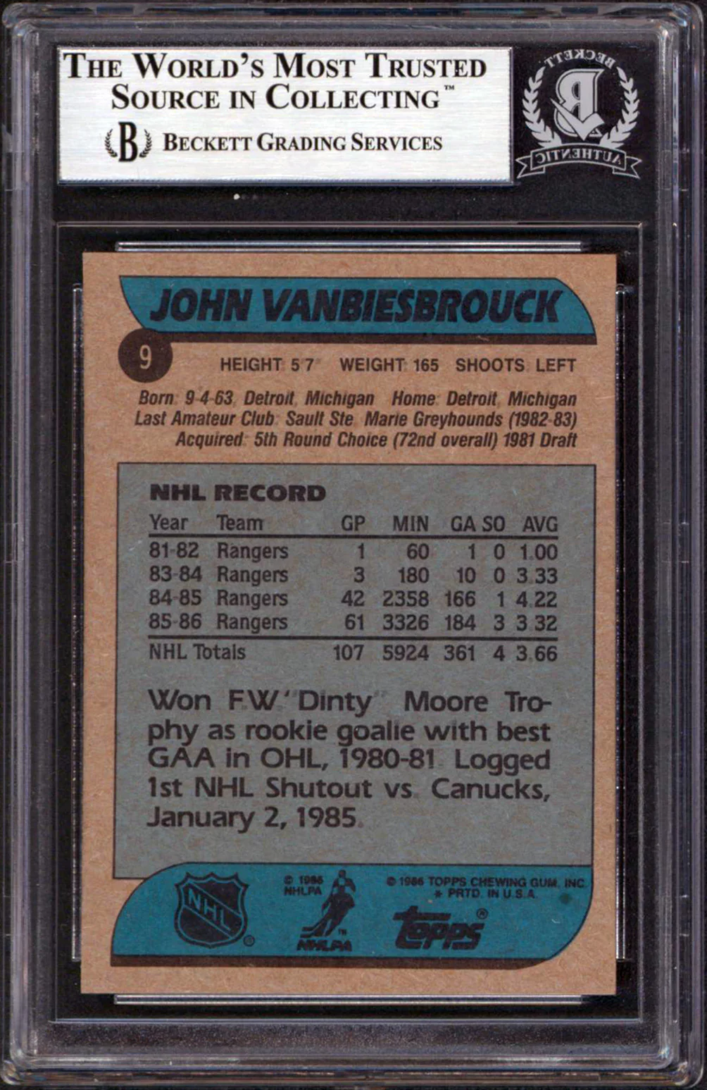 Rangers John Vanbiesbrouck Authentic Signed 1986 Topps #9 Card BAS Slabbed - Image 3