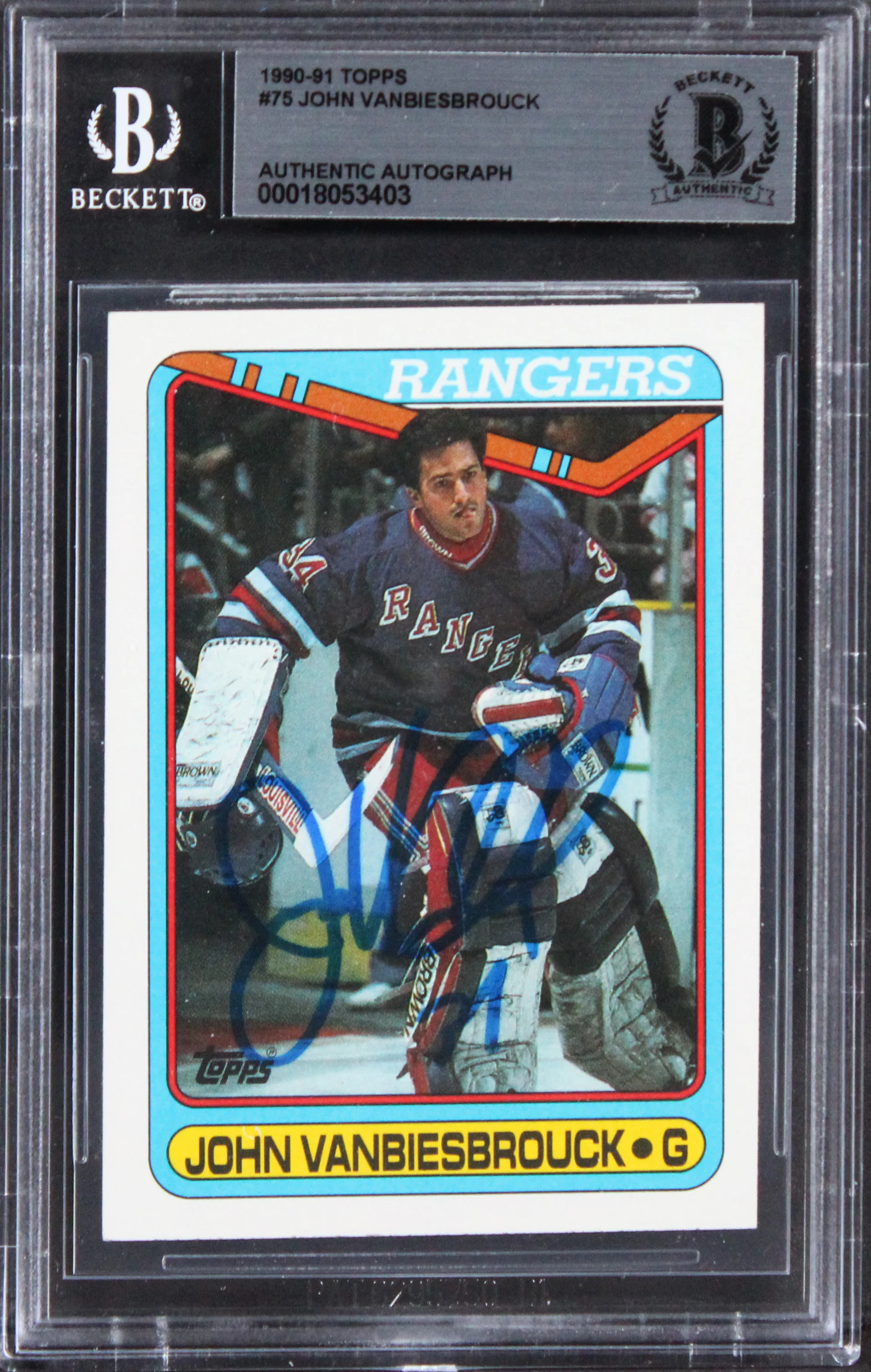 Rangers John Vanbiesbrouck Authentic Signed 1990 Topps #75 Card BAS Slabbed - Image 2