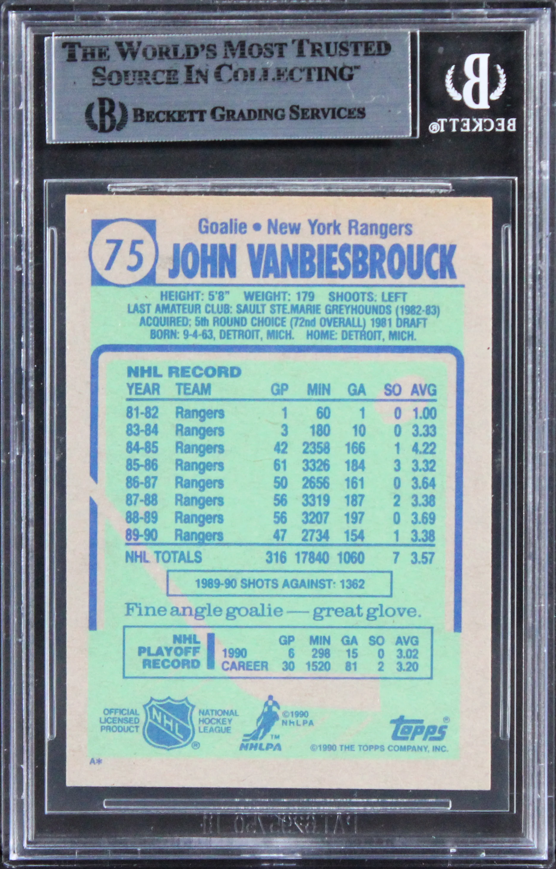 Rangers John Vanbiesbrouck Authentic Signed 1990 Topps #75 Card BAS Slabbed - Image 3