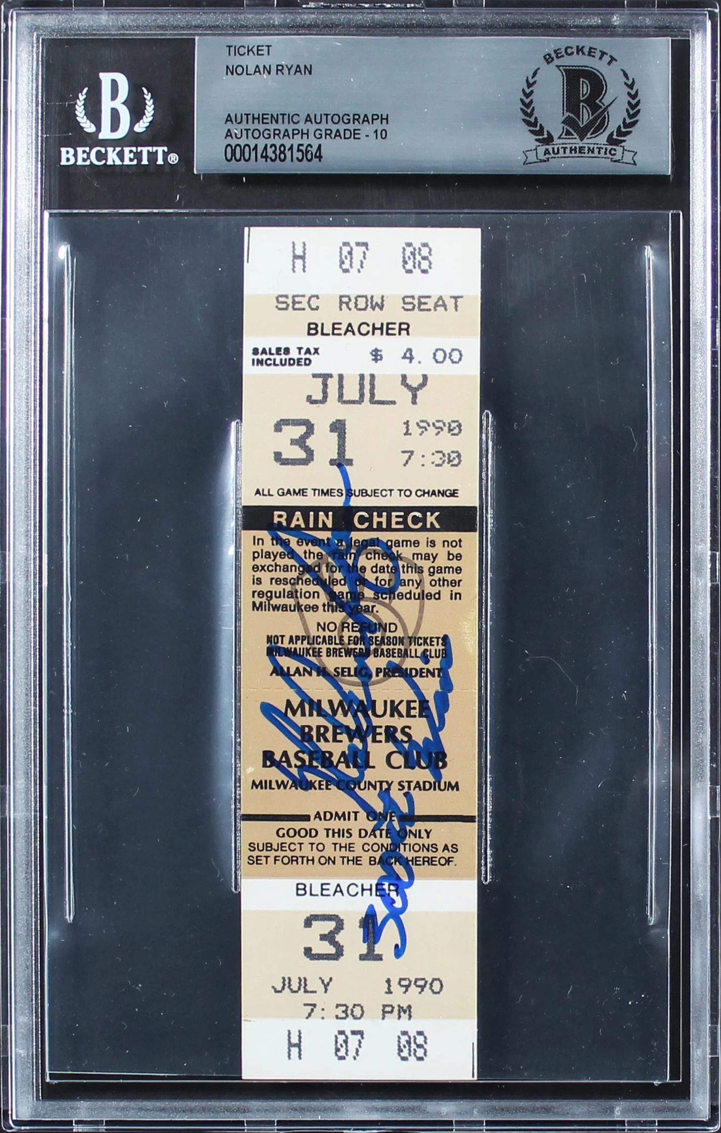 Rangers Nolan Ryan "300th Win" Signed July 31, 1990 Ticket Stub Auto 10 BAS Slab - Image 4