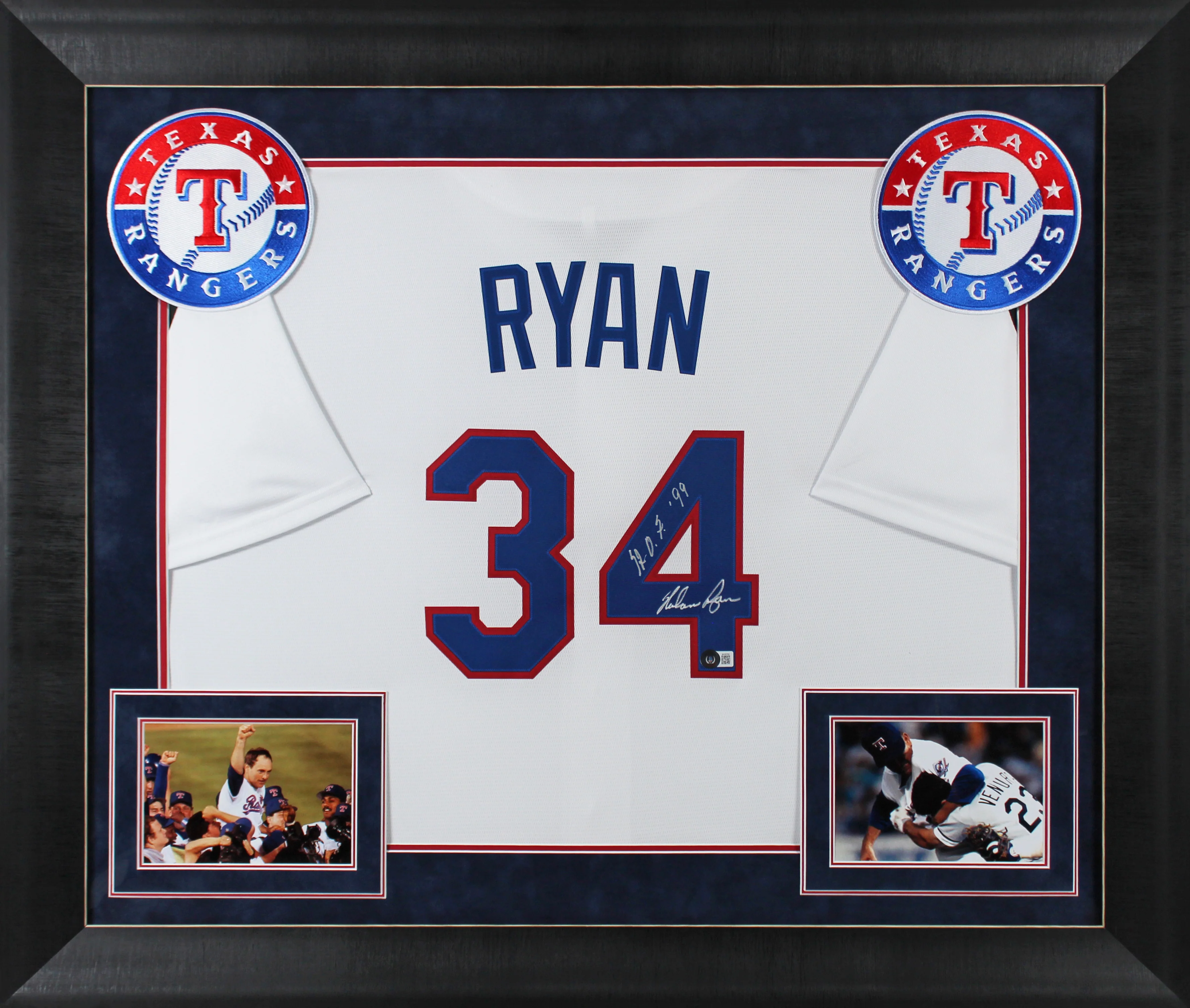 Rangers Nolan Ryan "HOF 99" Authentic Signed White Nike Framed Jersey BAS - Image 2