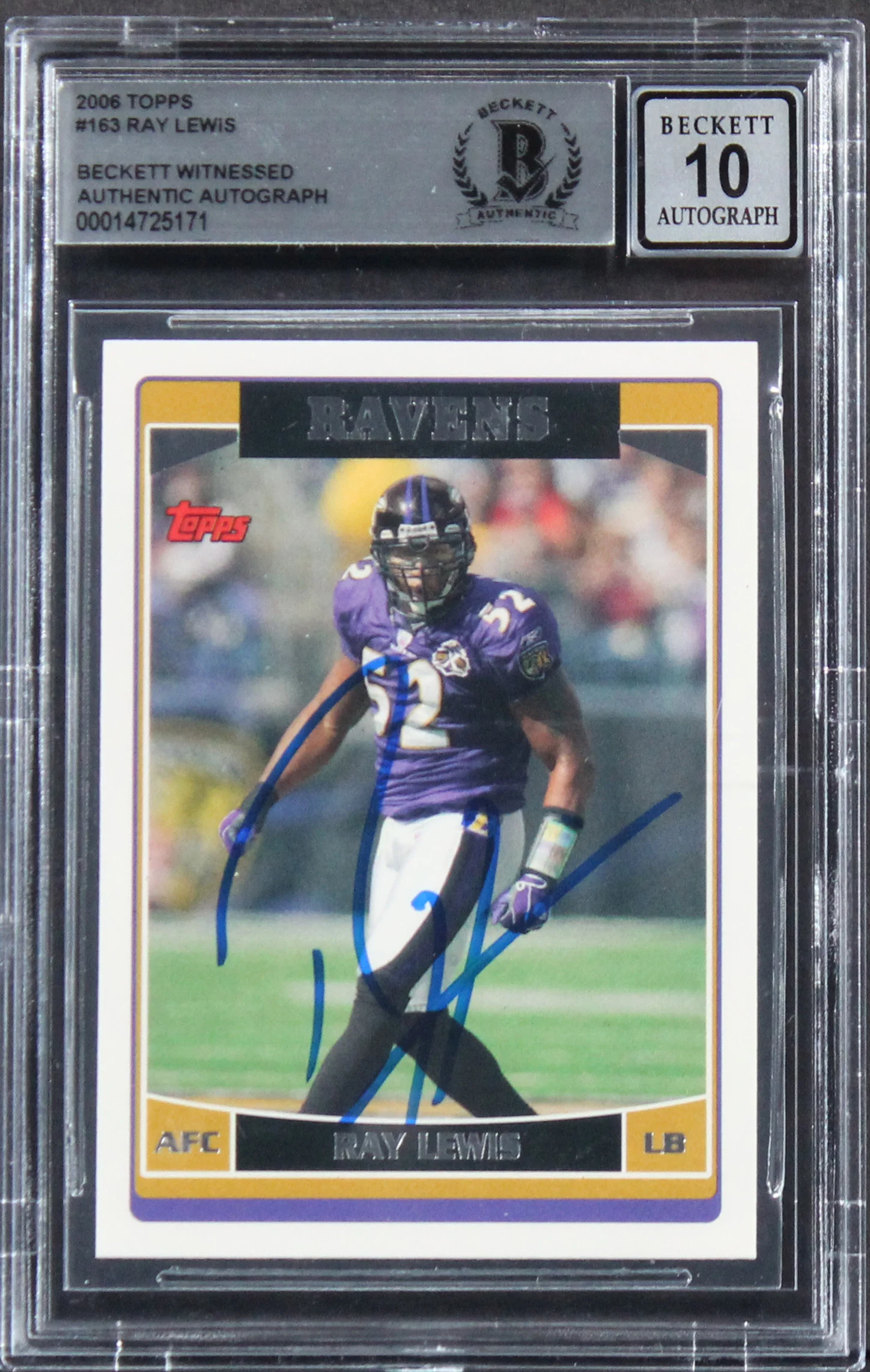 Ravens Ray Lewis Authentic Signed 2006 Topps #163 Card Auto 10! BAS Slabbed - Image 2
