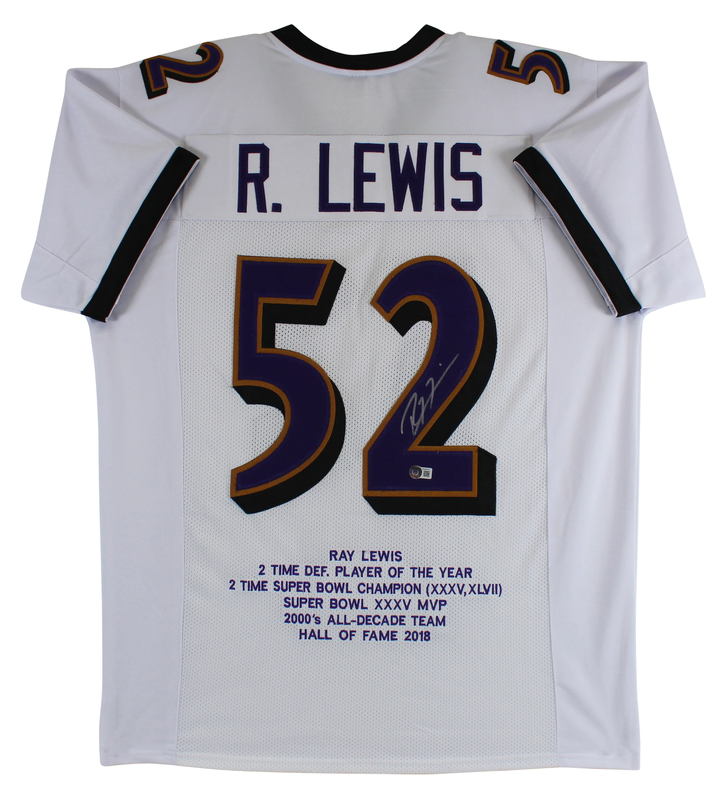 Ravens Ray Lewis Authentic Signed White Pro Style Stat Jersey BAS Witnessed - Image 2