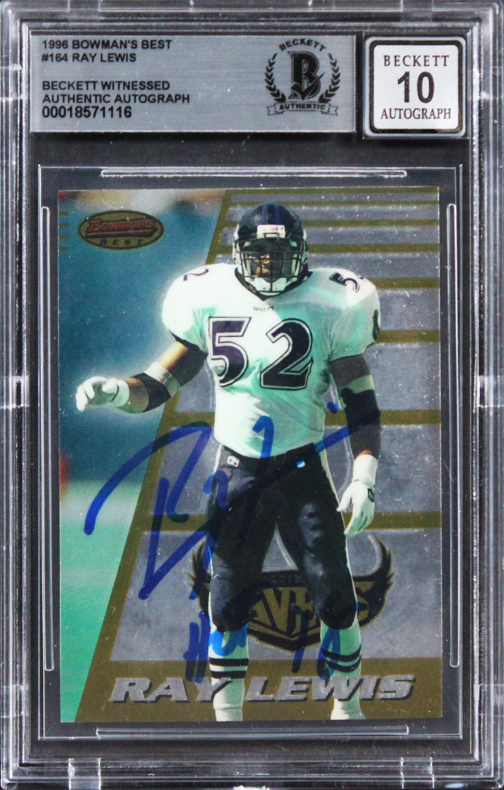 Ravens Ray Lewis "HOF 18"Signed 1996 Bowman's Best #164 RC Card Auto 10 BAS Slab - Image 2