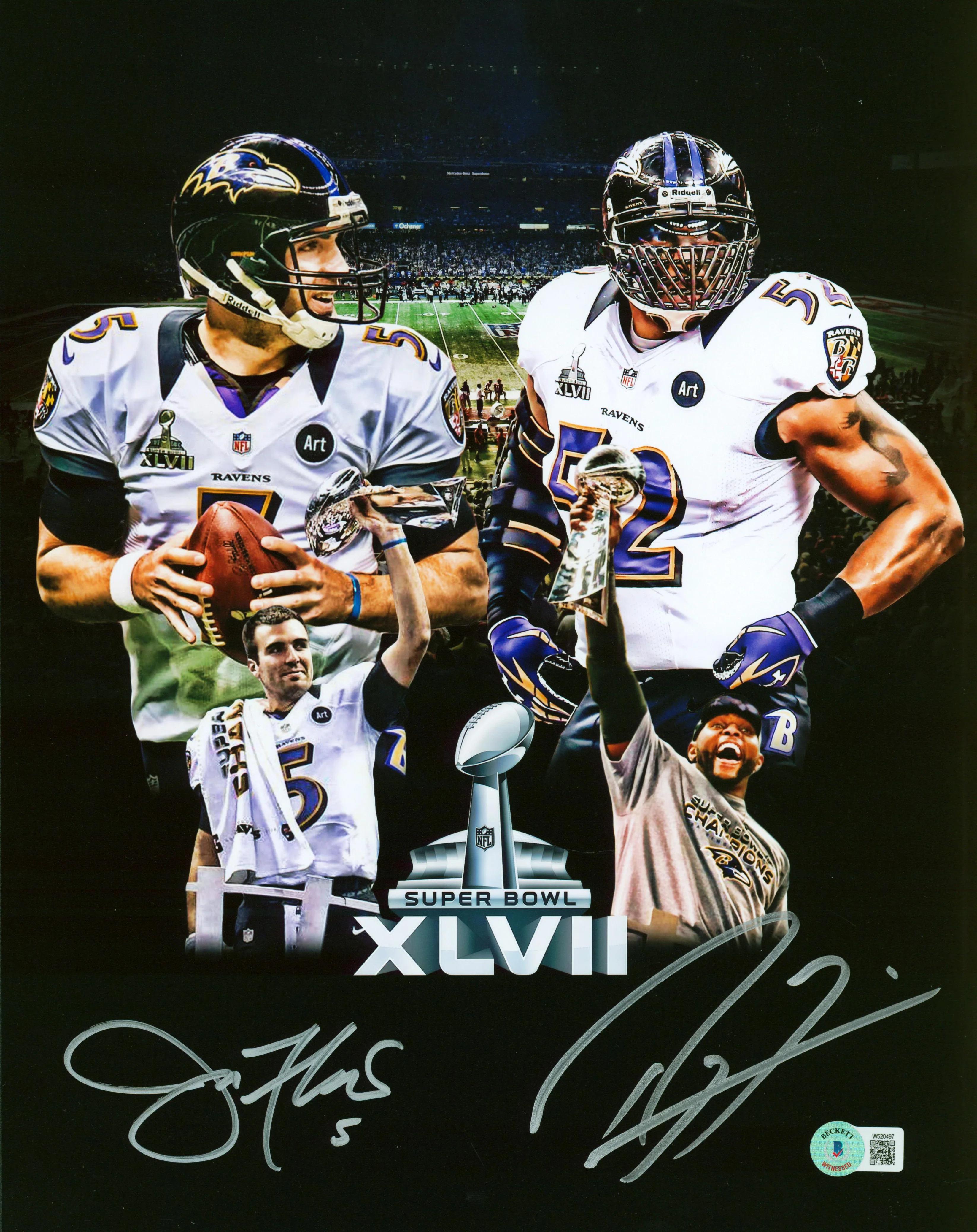 Ravens Ray Lewis & Joe Flacco Authentic Signed 11x14 Collage Photo BAS Witnessed - Image 2