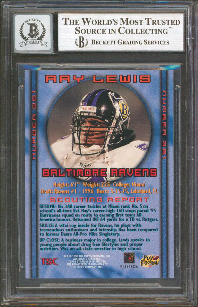 Ravens Ray Lewis Signed 1996 Stadium Club #351 Rookie Card Auto 10! BAS Slabbed - Image 3