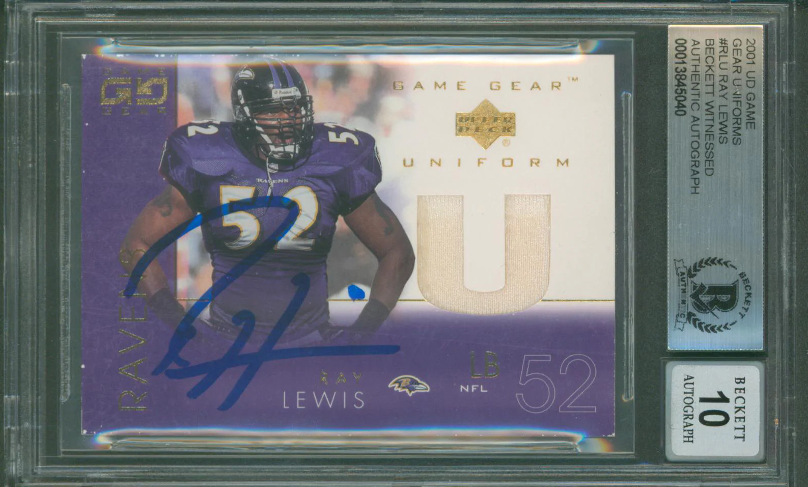 Ravens Ray Lewis Signed 2001 UD Game Gear Uniforms #RLU Card Auto 10! BAS Slab 1 - Image 2