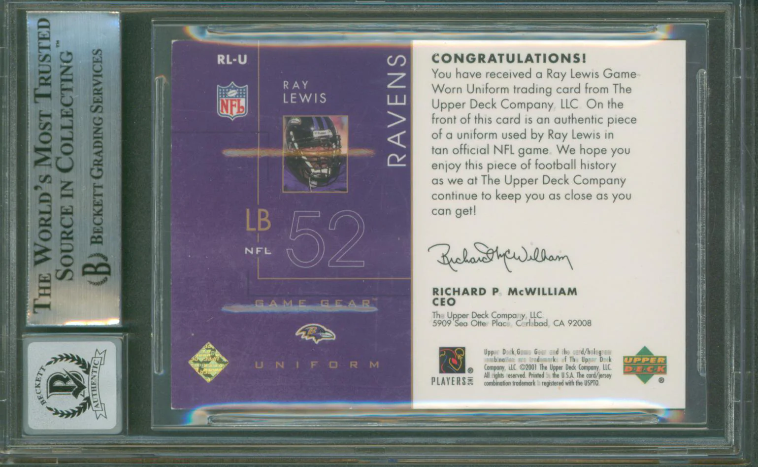 Ravens Ray Lewis Signed 2001 UD Game Gear Uniforms #RLU Card Auto 10! BAS Slab 1 - Image 3