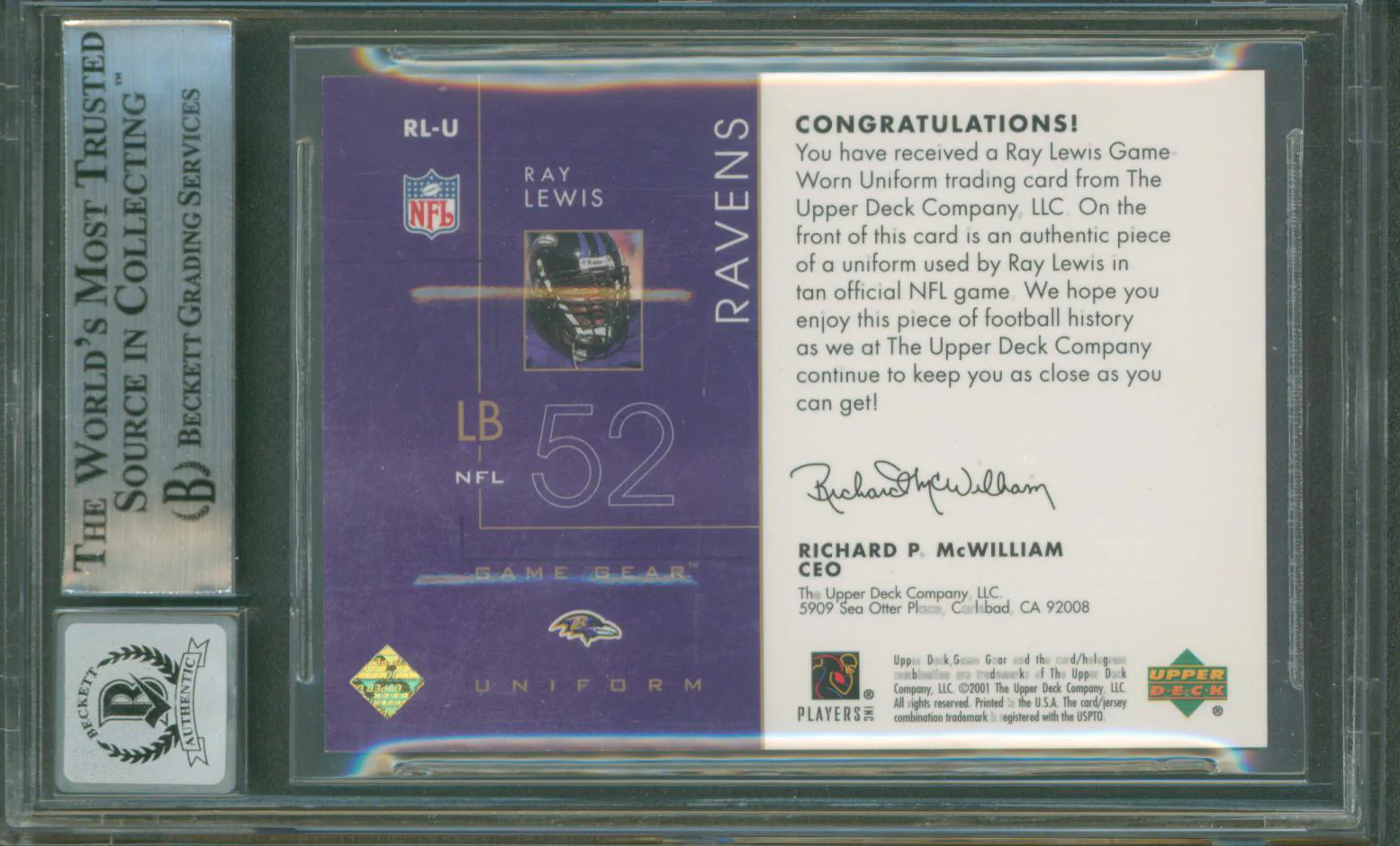 Ravens Ray Lewis Signed 2001 UD Game Gear Uniforms #RLU Card Auto 10! BAS Slab 2 - Image 3