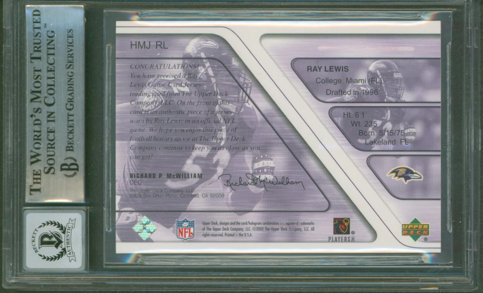 Ravens Ray Lewis Signed 2002 UD Piece of History #HMJRL Card Auto 10! BAS Slab - Image 3