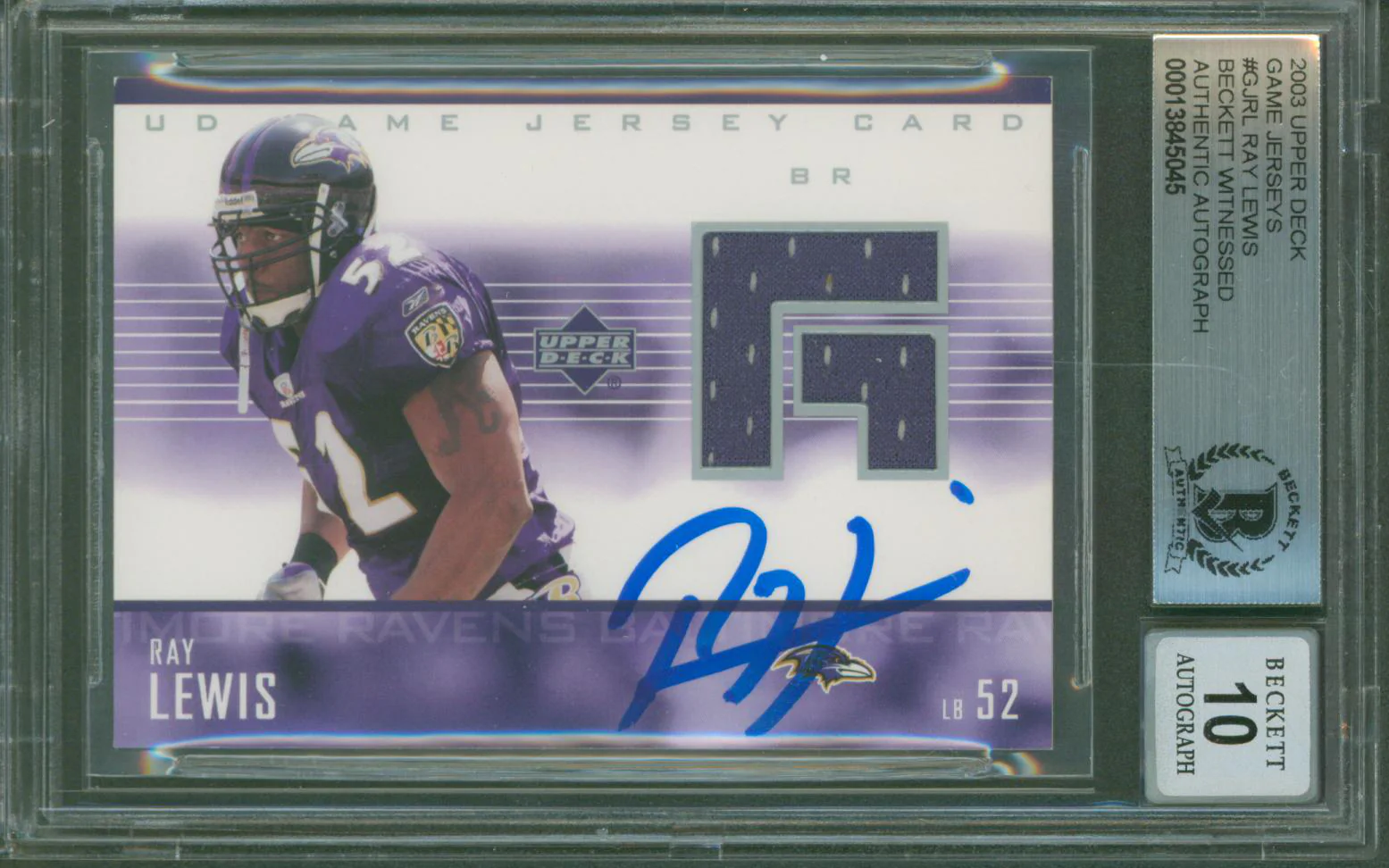 Ravens Ray Lewis Signed 2003 Upper Deck Game Jerseys #GJRL Card Auto 10 BAS Slab - Image 2