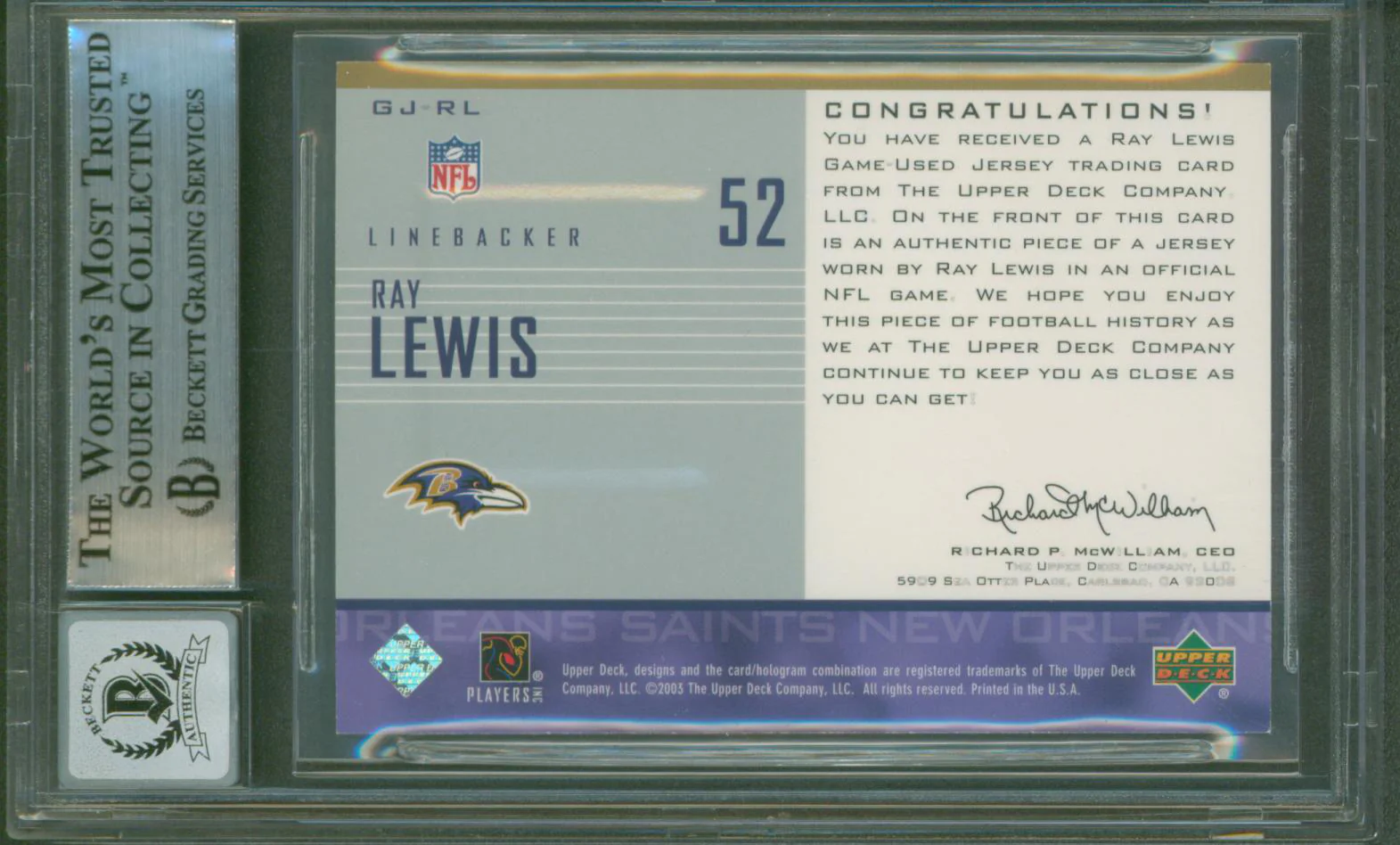 Ravens Ray Lewis Signed 2003 Upper Deck Game Jerseys #GJRL Card Auto 10 BAS Slab - Image 3