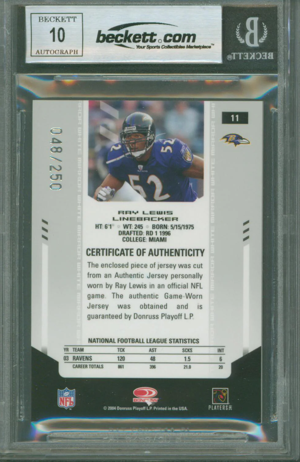 Ravens Ray Lewis Signed 2004 Leaf Certified Materials #11 Card BAS Slabbed - Image 3