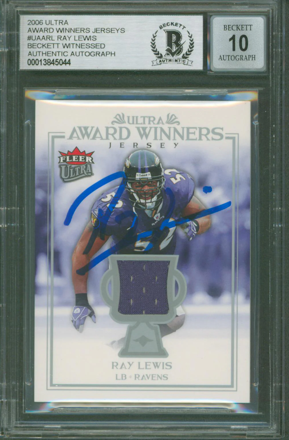 Ravens Ray Lewis Signed 2006 Ultra AW Jerseys #UAARL Card Auto 10 BAS Slabbed 1 - Image 2