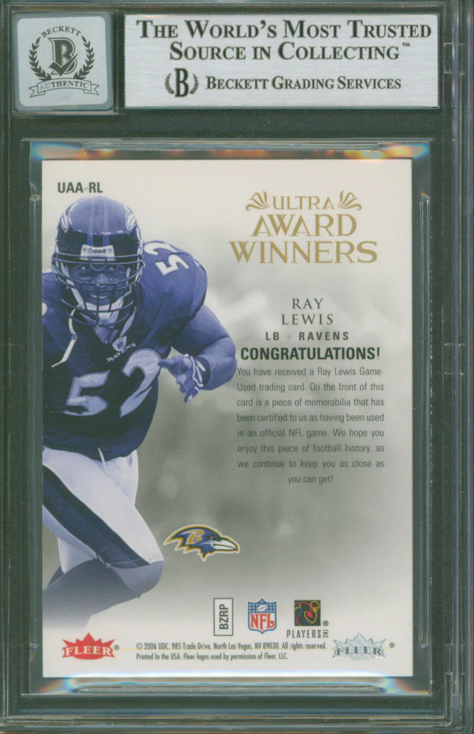 Ravens Ray Lewis Signed 2006 Ultra AW Jerseys #UAARL Card Auto 10 BAS Slabbed 1 - Image 3