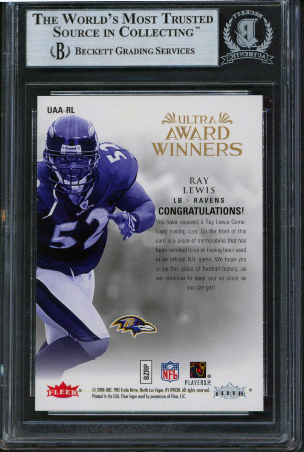 Ravens Ray Lewis Signed 2006 Ultra Award Winners Jerseys #UAARL Card BAS Slabbed - Image 3