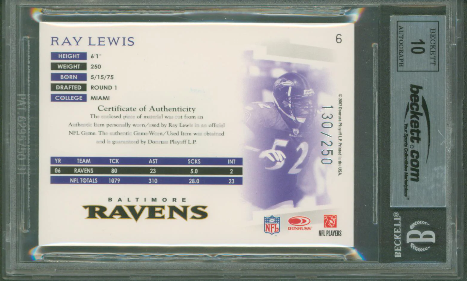 Ravens Ray Lewis Signed 2007 Donruss Threads Jerseys #6 Card Auto 10! BAS Slab - Image 3