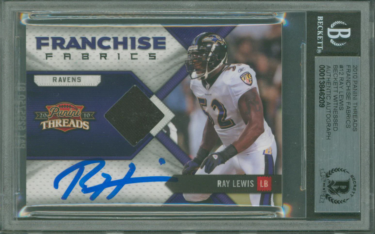 Ravens Ray Lewis Signed 2010 Panini Threads Franchise Fabrics #12 Card BAS Slab - Image 2