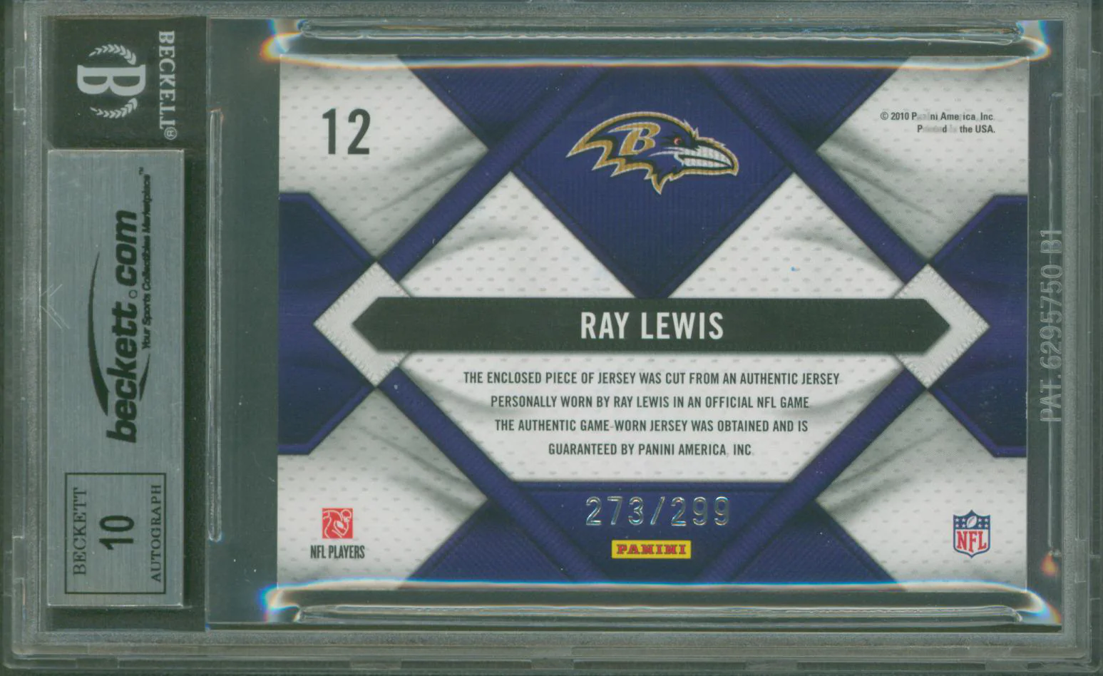 Ravens Ray Lewis Signed 2010 Panini Threads Franchise Fabrics #12 Card BAS Slab - Image 3