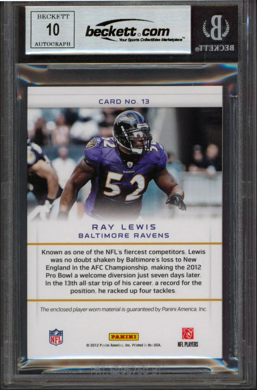 Ravens Ray Lewis Signed 2012 Prestige Game Materials #13 Card Auto 10! BAS Slab - Image 3