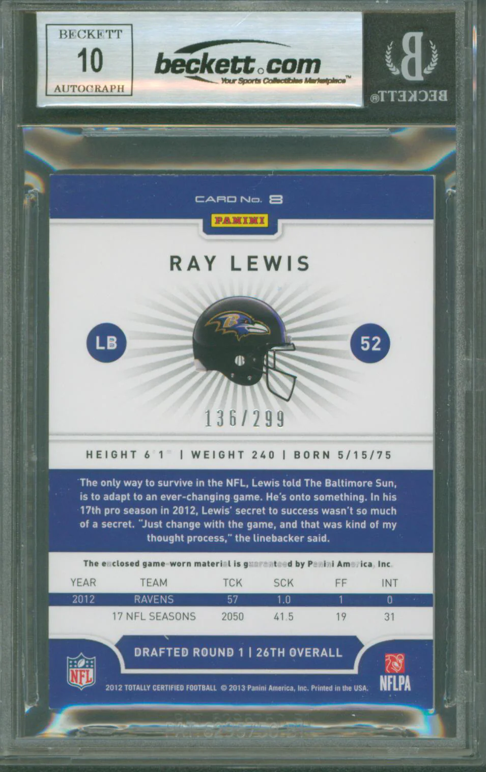 Ravens Ray Lewis Signed 2012 Totally Certified Red Materials #8 Card BAS Slabbed - Image 3