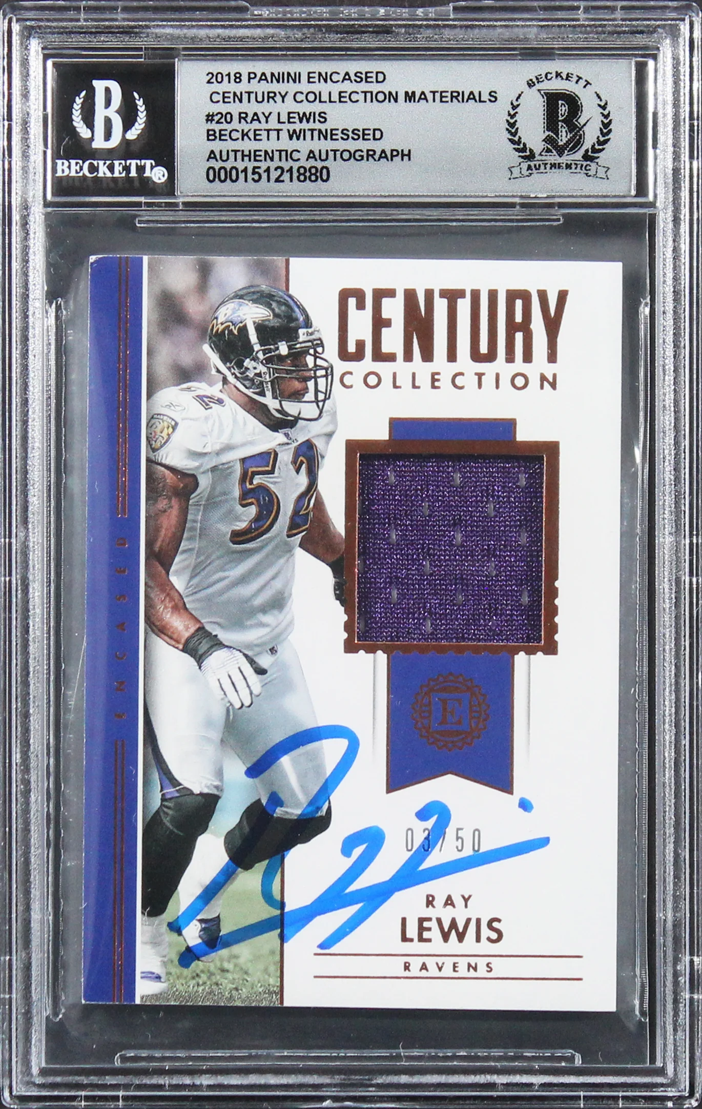 Ravens Ray Lewis Signed 2018 Panini Encase CCM #20 03/50 Card Auto 10! BAS Slab - Image 2