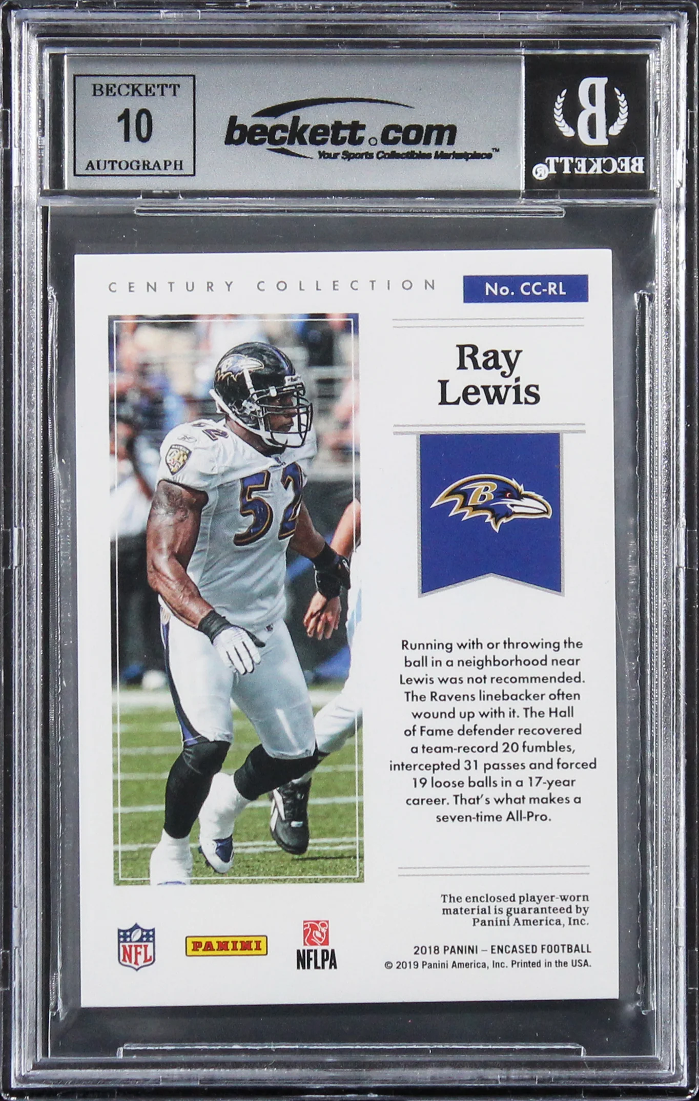 Ravens Ray Lewis Signed 2018 Panini Encase CCM #20 03/50 Card Auto 10! BAS Slab - Image 3