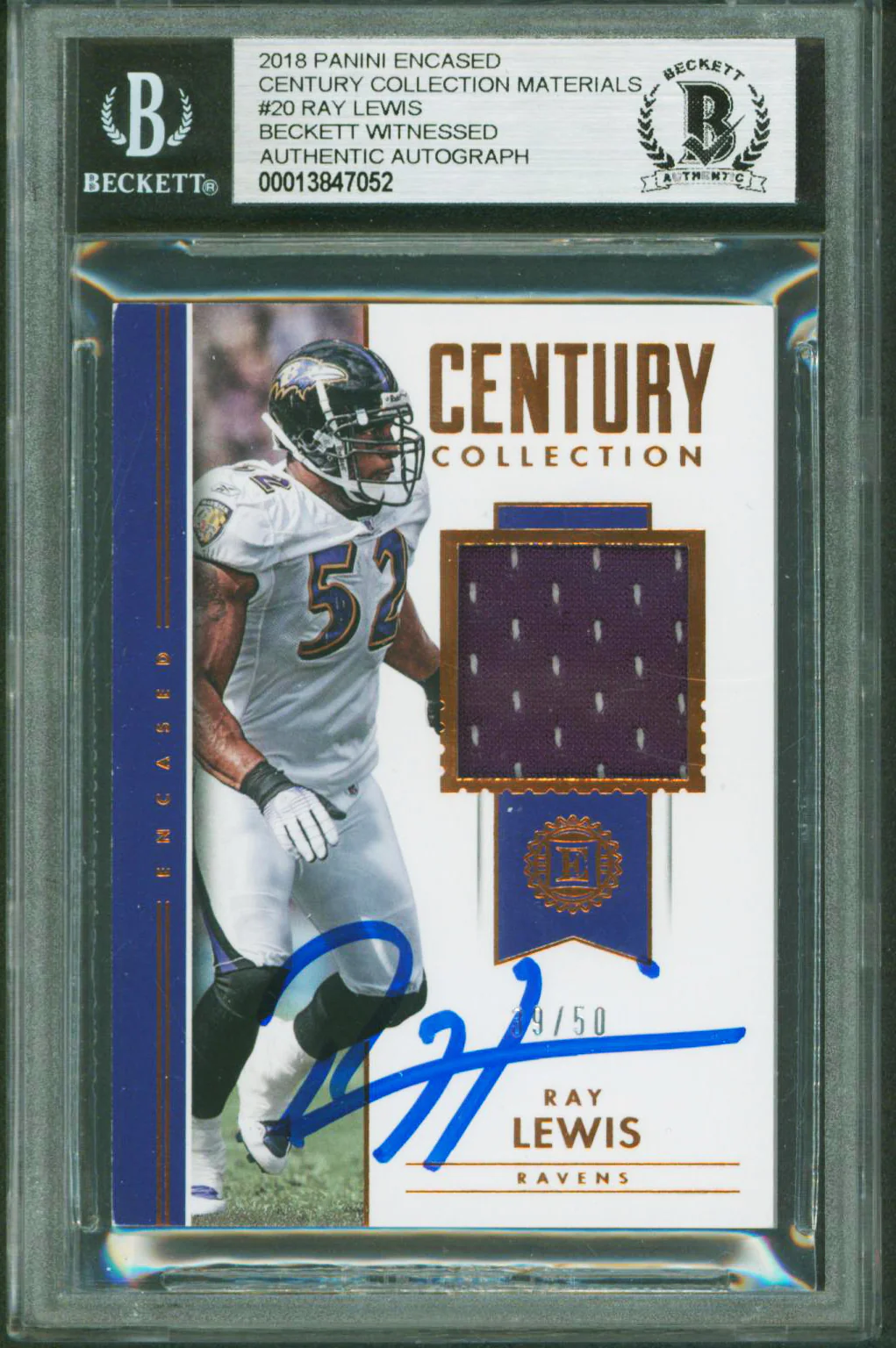 Ravens Ray Lewis Signed 2018 Panini Encased Century Mat #20 #39/50 Card BAS Slab - Image 2