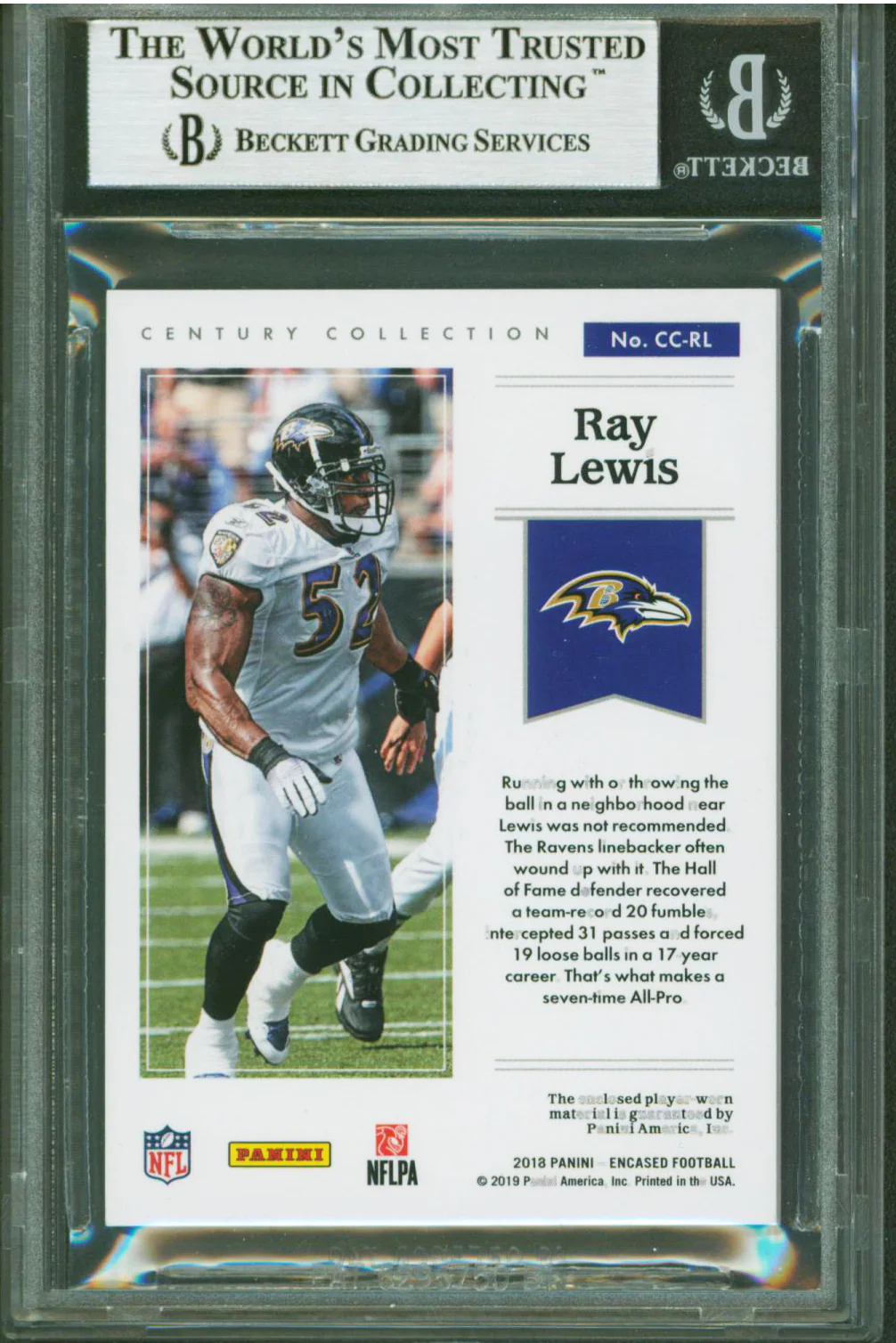 Ravens Ray Lewis Signed 2018 Panini Encased Century Mat #20 #39/50 Card BAS Slab - Image 3